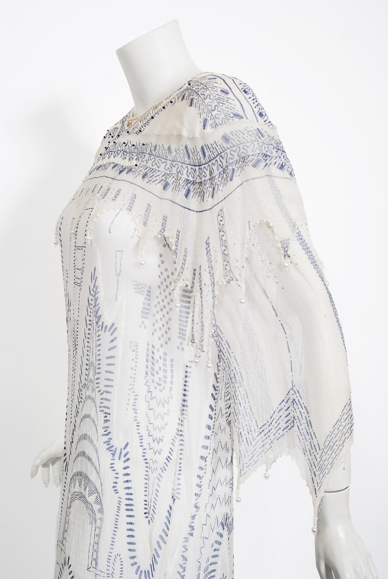 Gray Vintage 1985 Zandra Rhodes 'Manhattan City' Hand Painted Ivory Silk Beaded Dress
