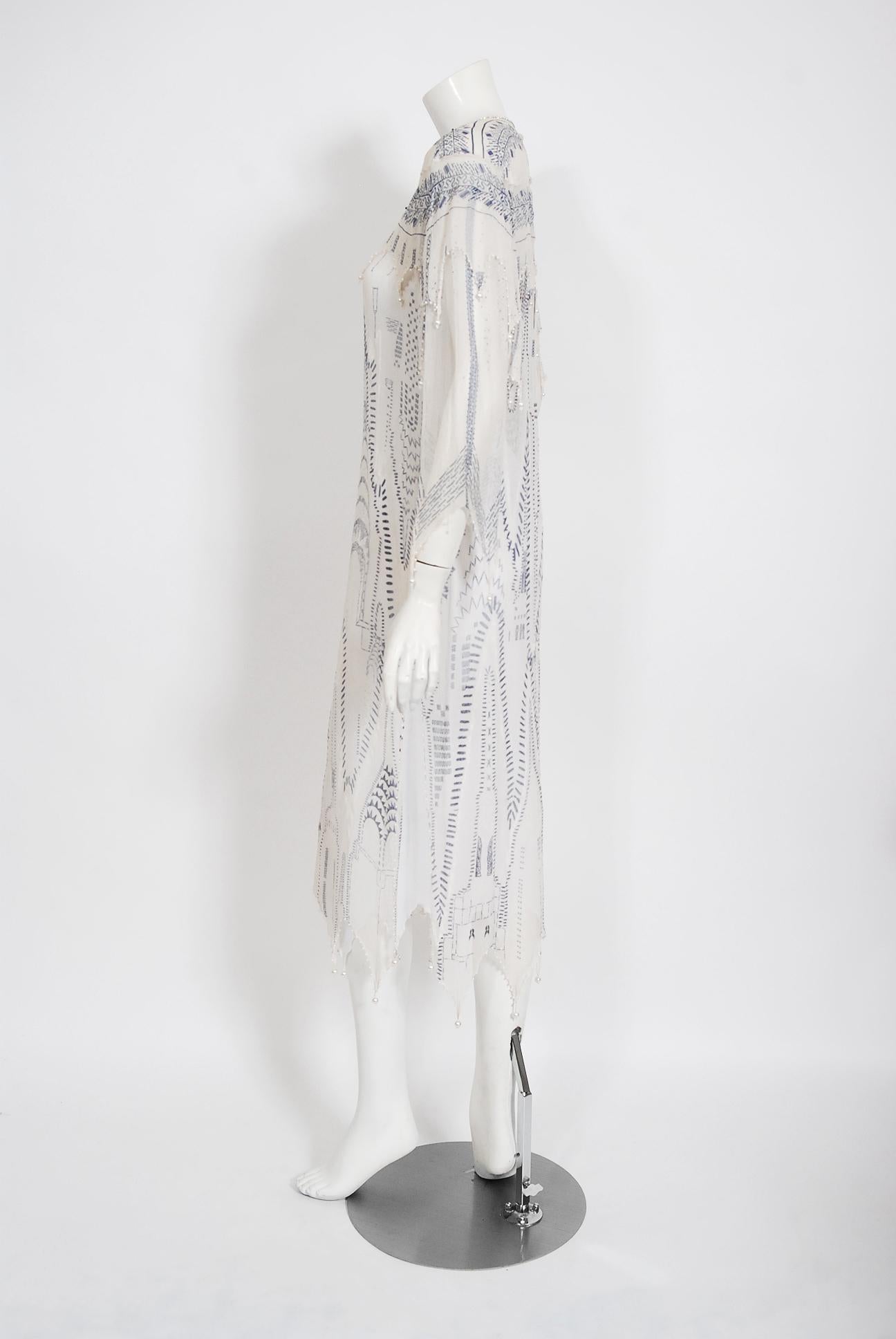 Women's Vintage 1985 Zandra Rhodes 'Manhattan City' Hand Painted Ivory Silk Beaded Dress