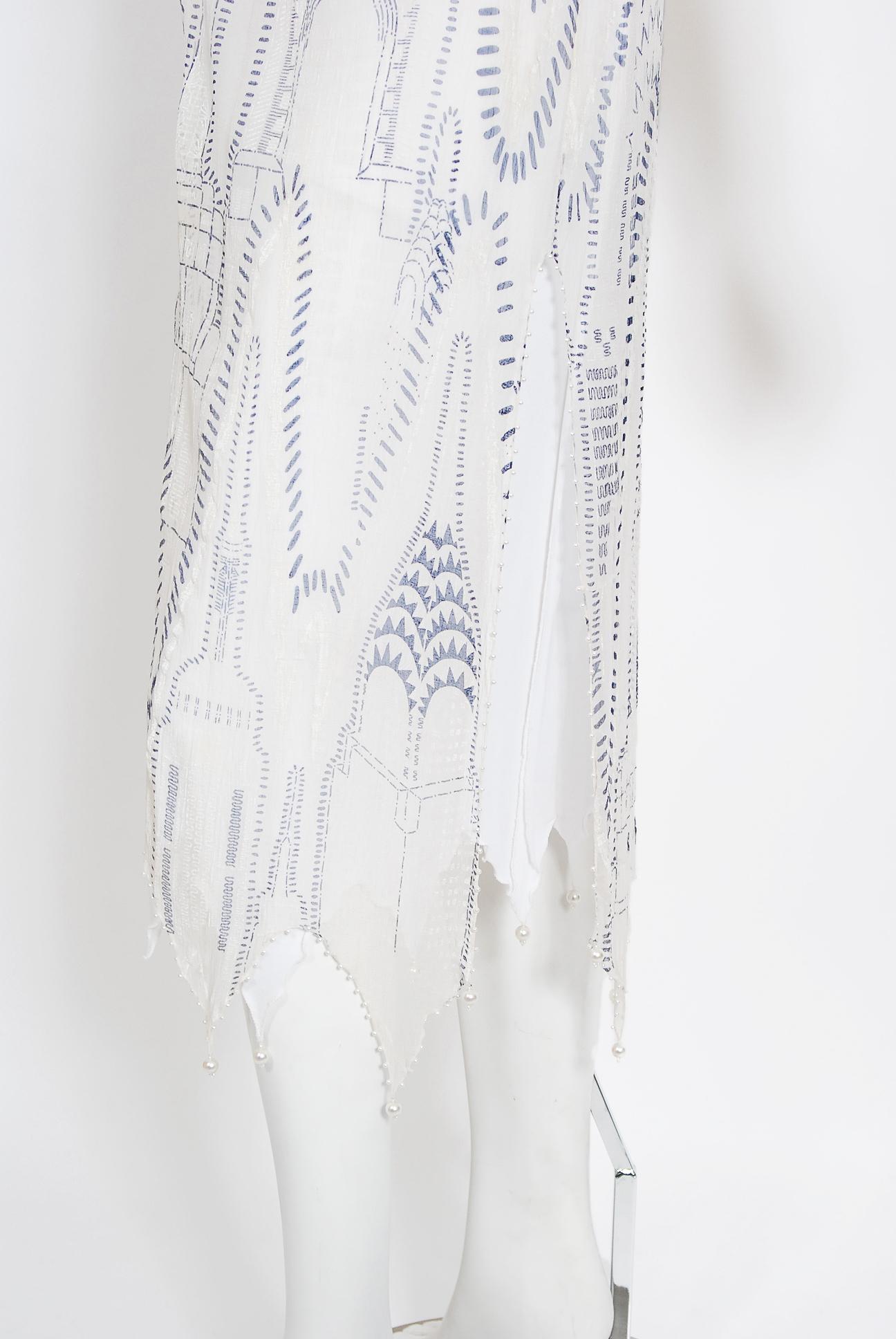 Vintage 1985 Zandra Rhodes 'Manhattan City' Hand Painted Ivory Silk Beaded Dress 1