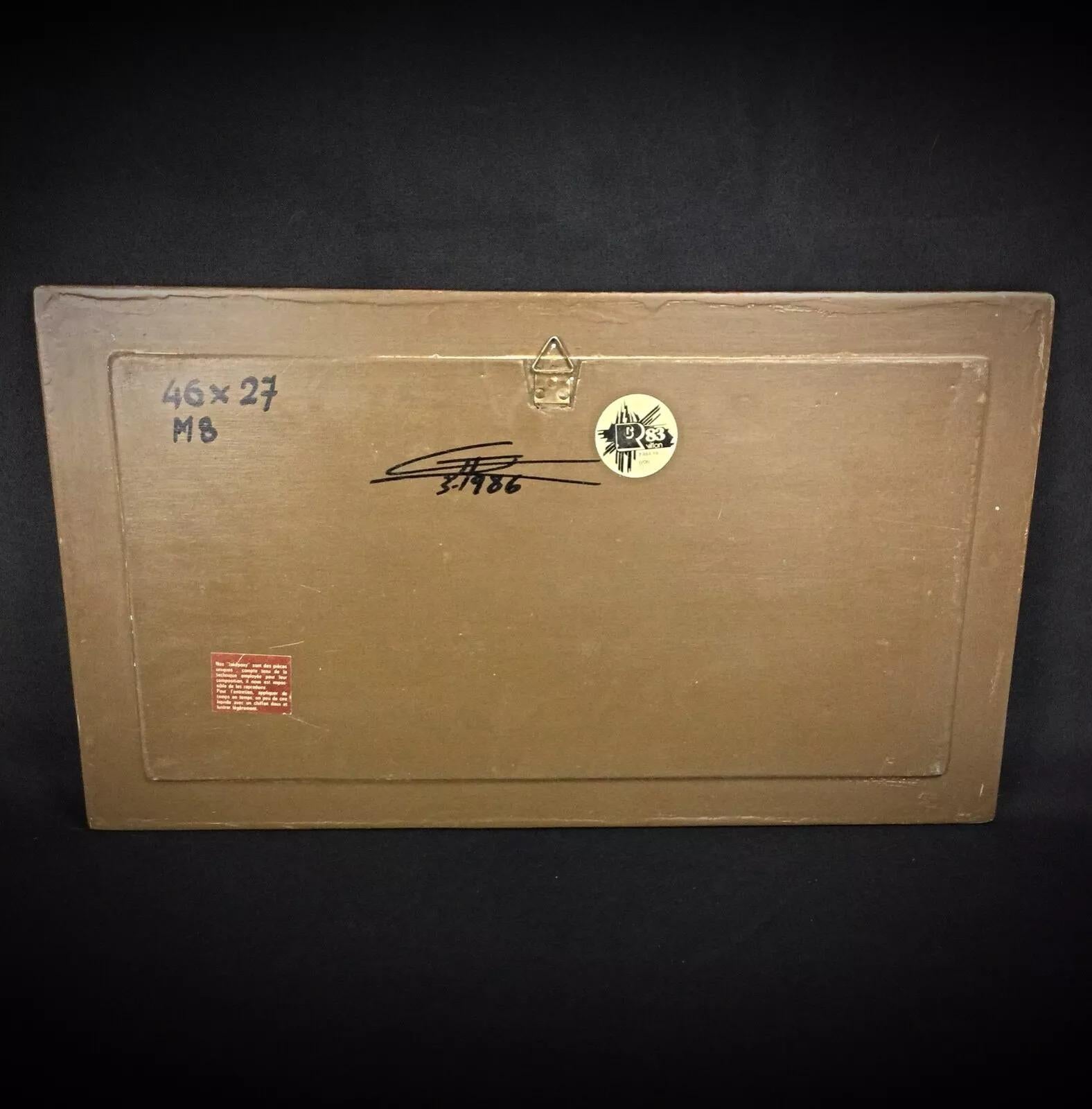 This vintage abstract laképoxy painting from March 1986 is signed 
