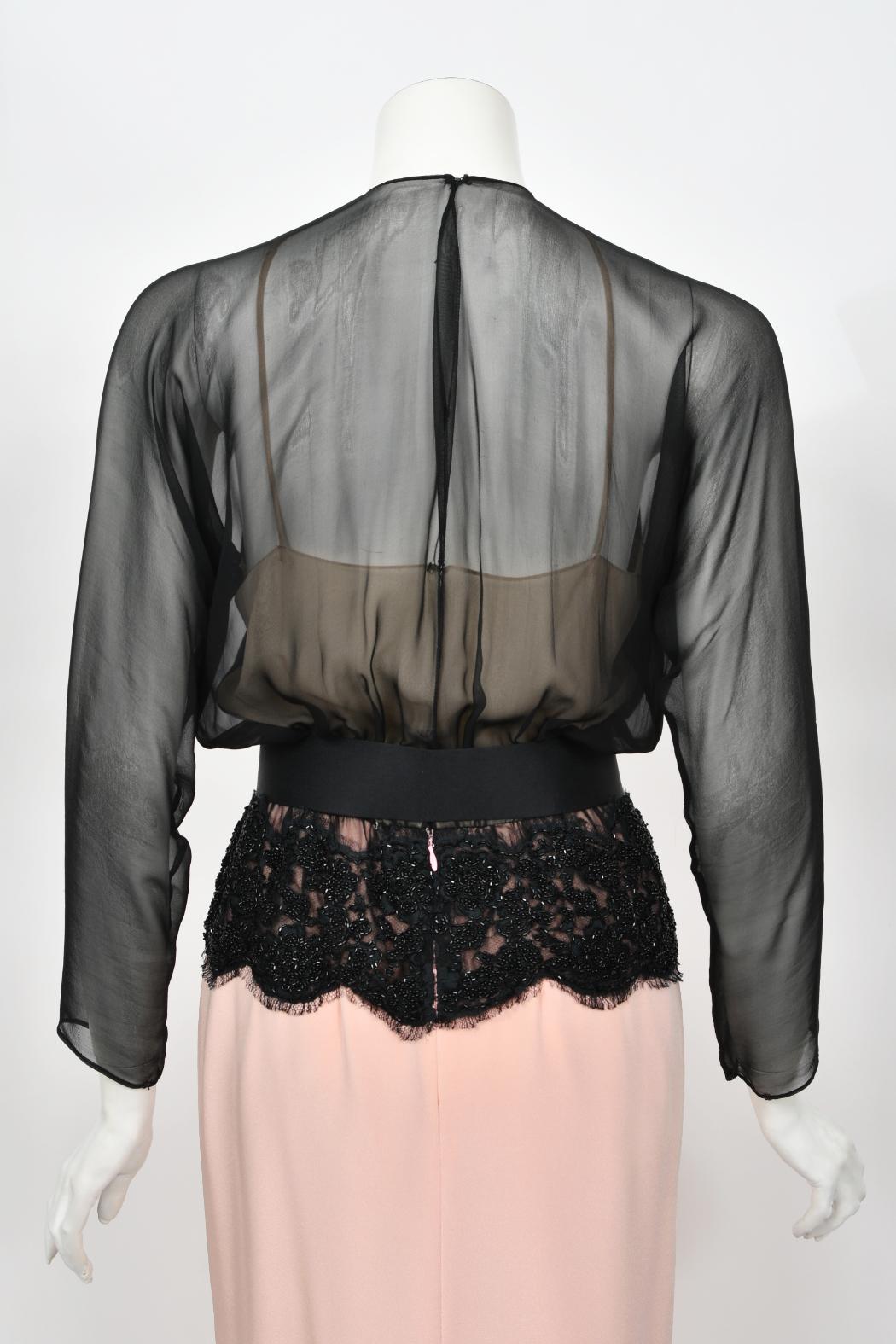1986 Oscar de la Renta Documented Runway Black Sheer Chiffon & Pink Silk Gown For Sale 8