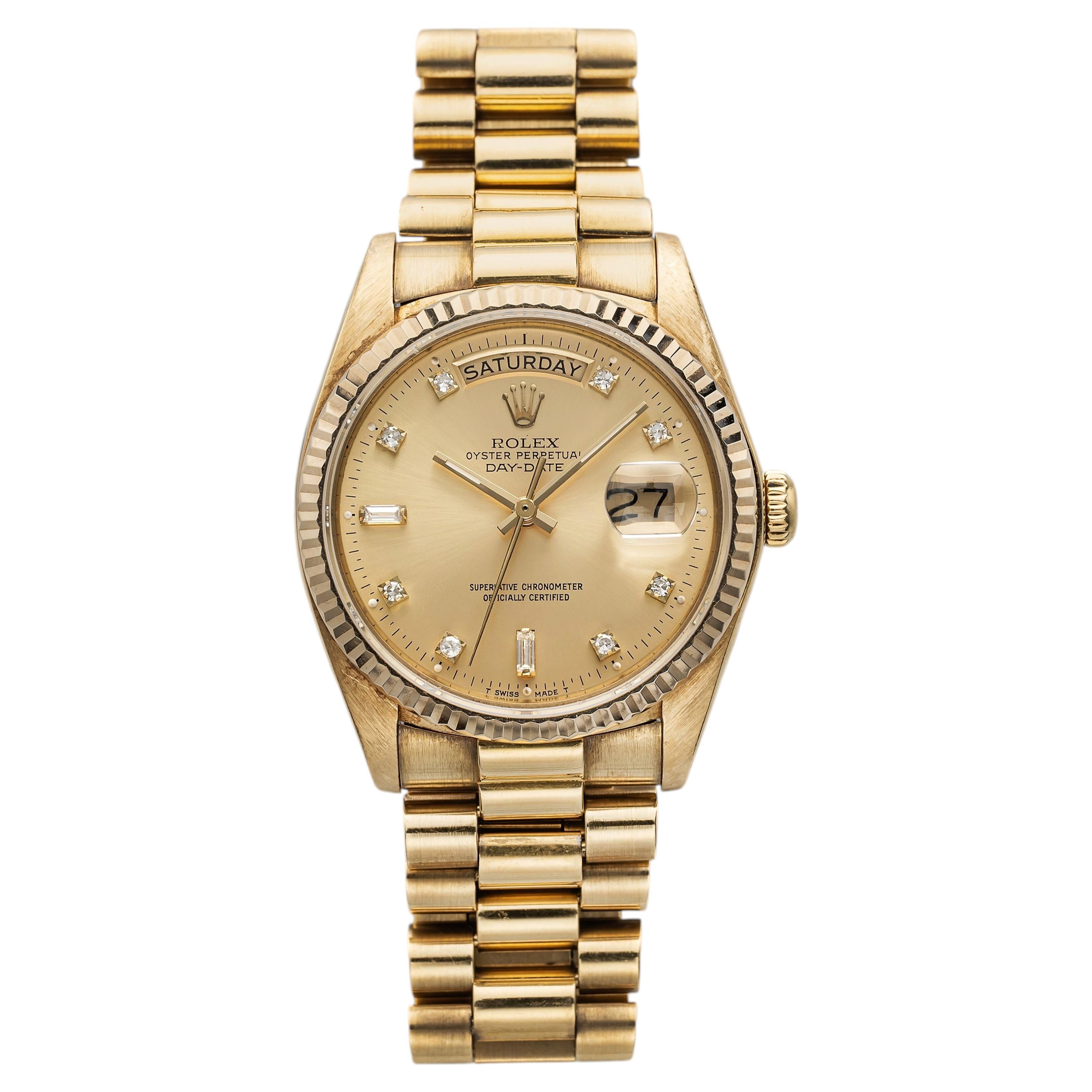 Rolex Day-Date 18038 aus dem Jahr 1986, 18 Karat Gelbgold, champagnerfarbenes Zifferblatt mit Diamanten, Automatikwerk, 36 mm