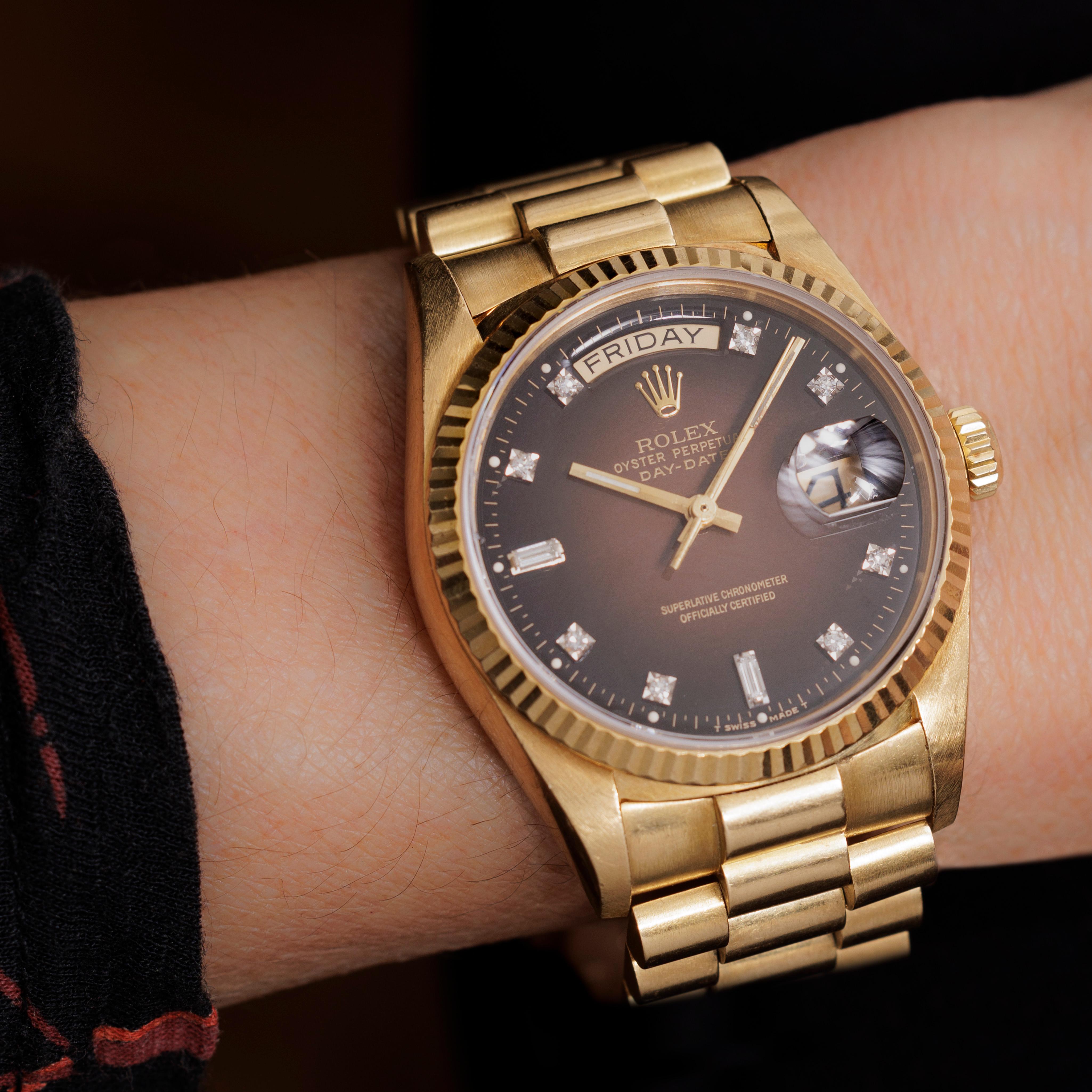 Vintage 1986 Rolex DayDate President with Rare Brown Burst Dial Box Papers 18038 For Sale 1