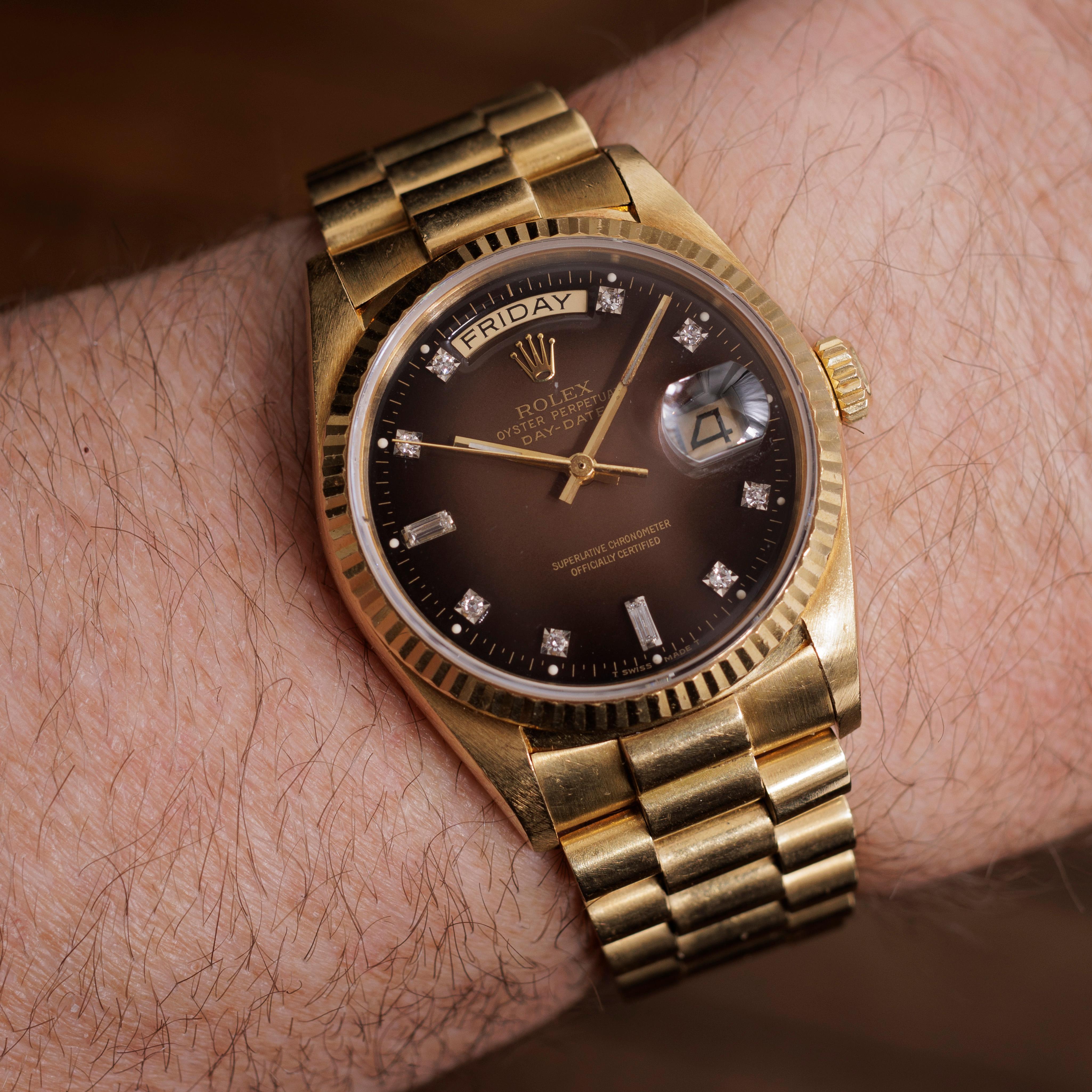 Vintage 1986 Rolex DayDate President with Rare Brown Burst Dial Box Papers 18038 For Sale 2