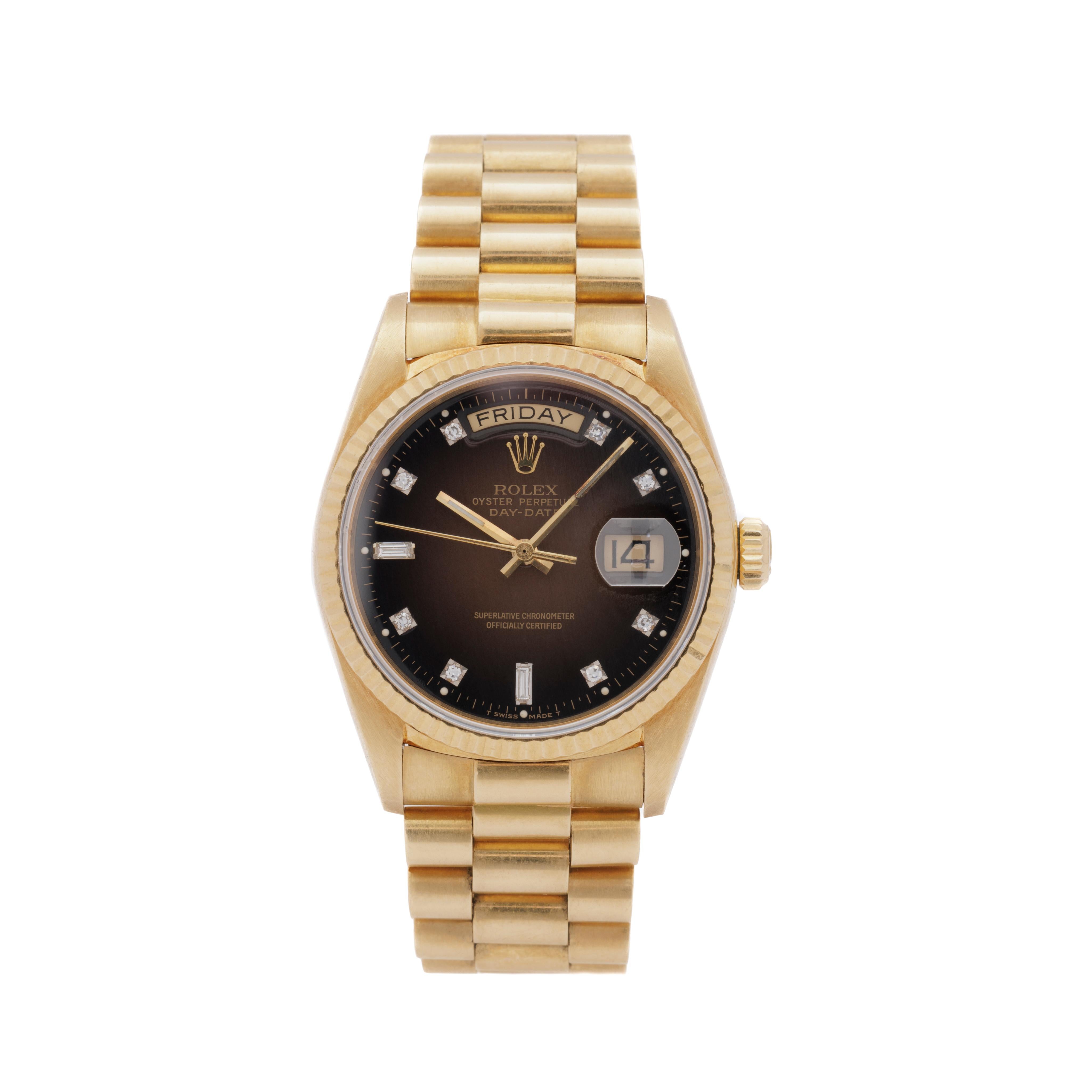 Vintage 1986 Rolex Day Date President with Rare Brown Burst Dial Box Papers

Maker: Rolex 
Model: 18038 Day Date
Year: 1986
Material: 18K Yellow Gold, Brilliant cut and Baguette cut Diamonds
Dial: Extremely Rare Brown Burst Dial 
Movement: