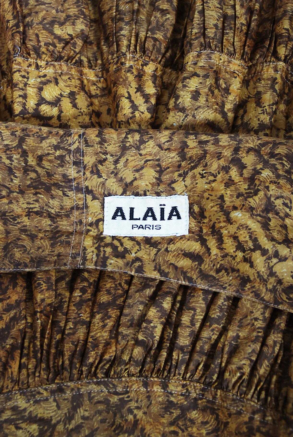 Vintage 1987 Azzedine Alaia Documented Golden Print Silk Backless Halter Dress 5