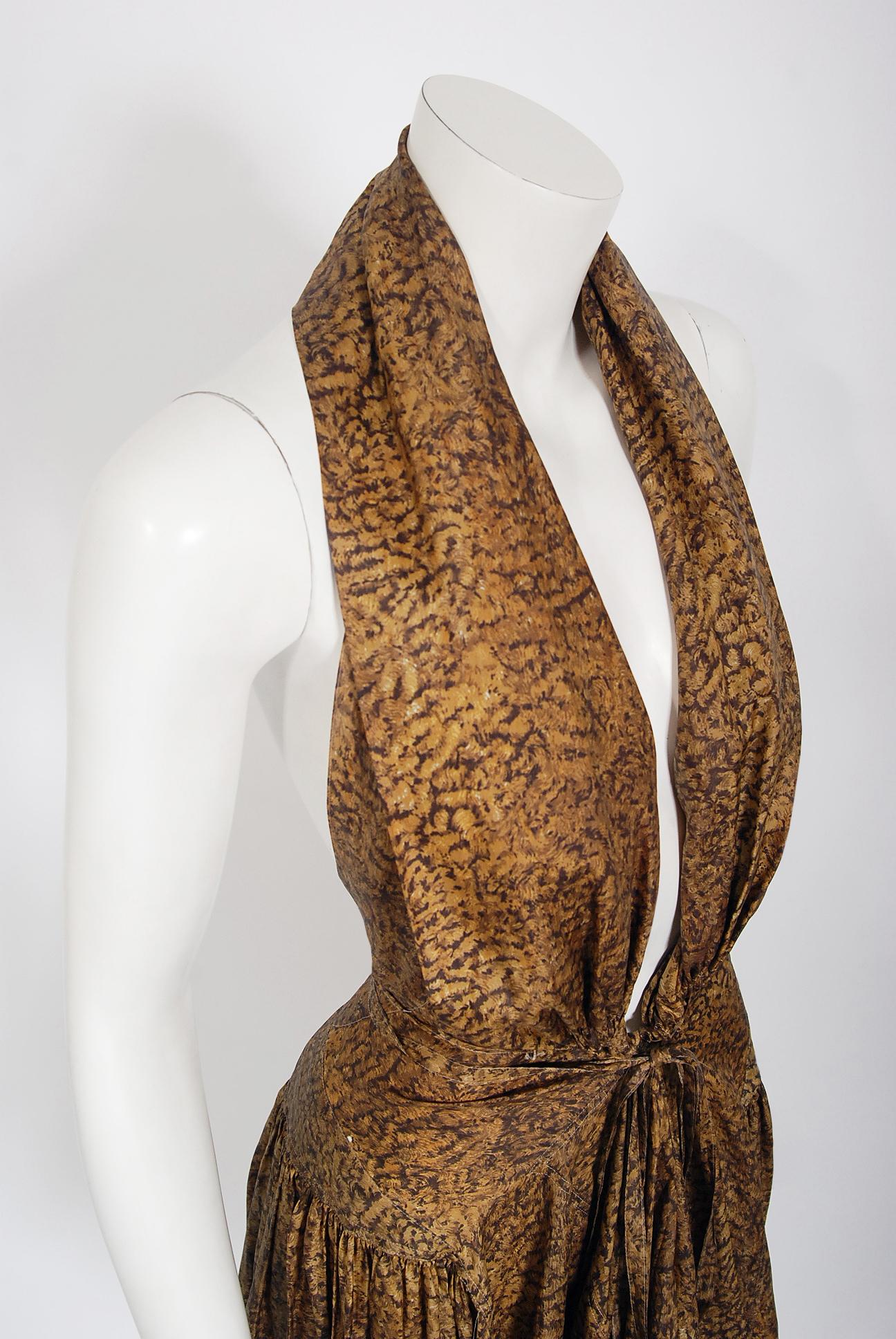 Women's Vintage 1987 Azzedine Alaia Documented Golden Print Silk Backless Halter Dress