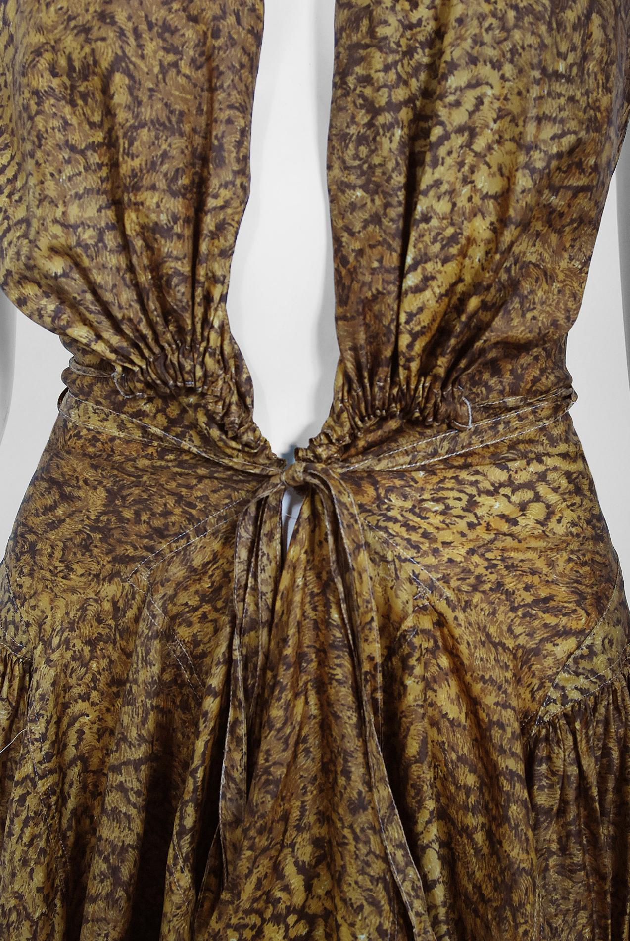 Vintage 1987 Azzedine Alaia Documented Golden Print Silk Backless Halter Dress 1