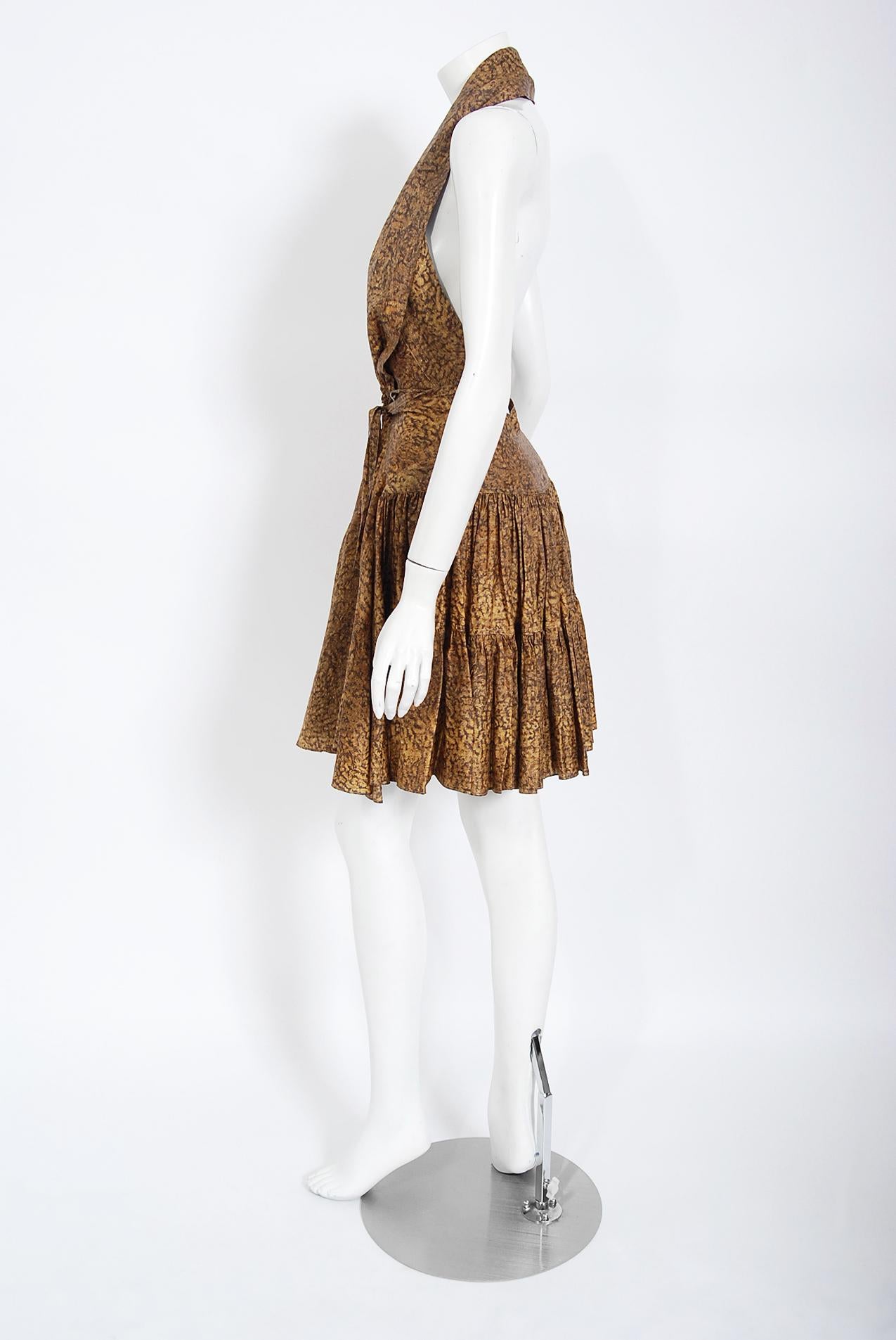 Vintage 1987 Azzedine Alaia Documented Golden Print Silk Backless Halter Dress 2