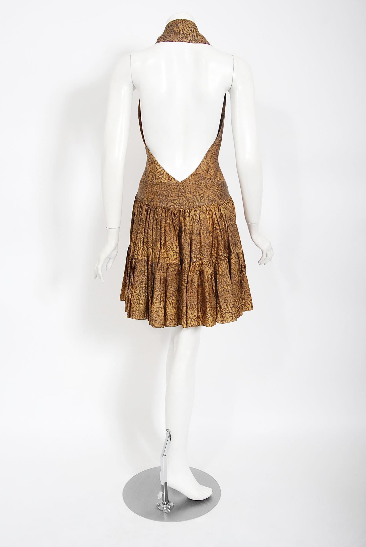 Vintage 1987 Azzedine Alaia Documented Golden Print Silk Backless Halter Dress 3