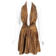Vintage 1987 Azzedine Alaia Documented Golden Print Silk Backless Halter Dress