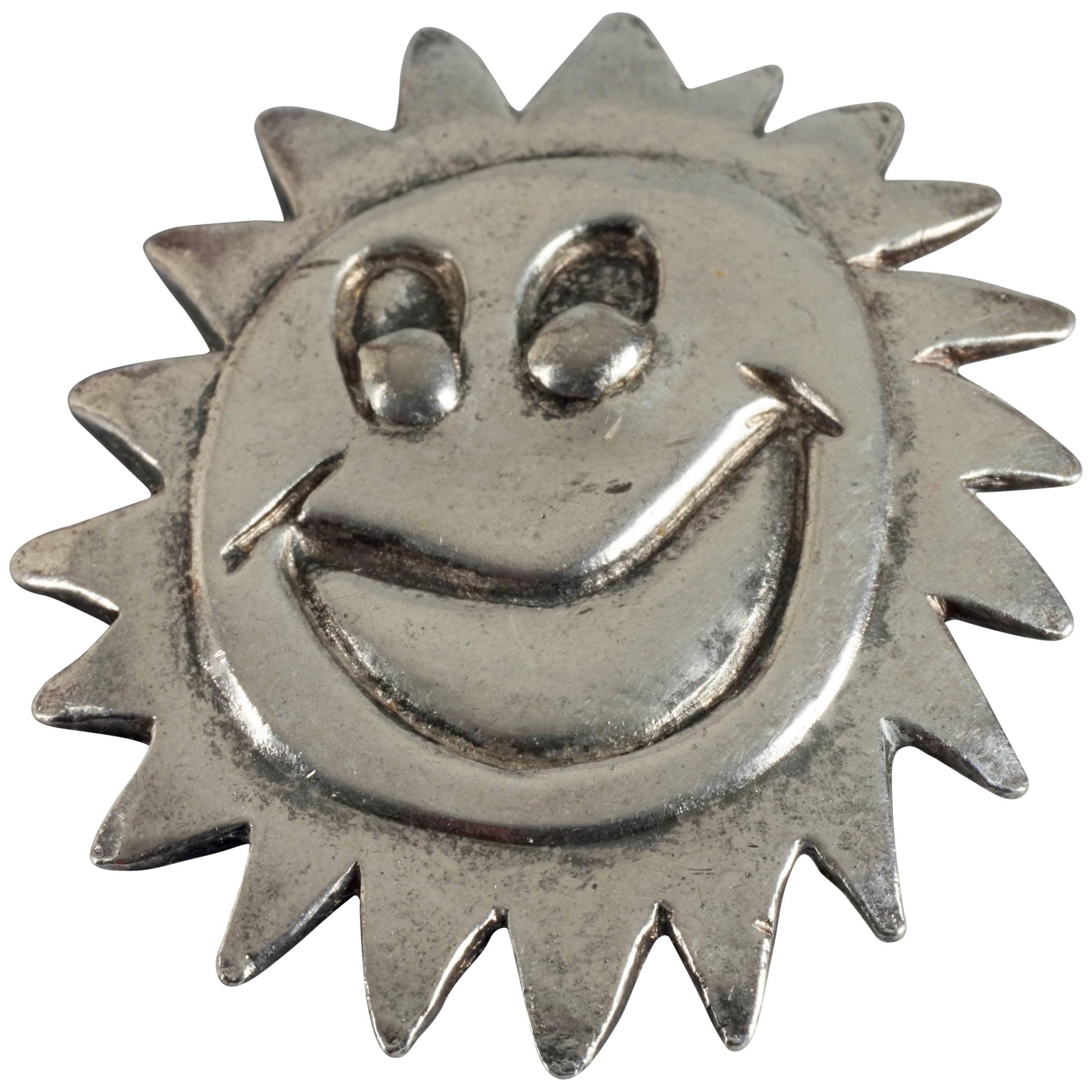 Vintage 1987 BILLY BOY Surreal Smiley Sun Face Silver Brooch For Sale