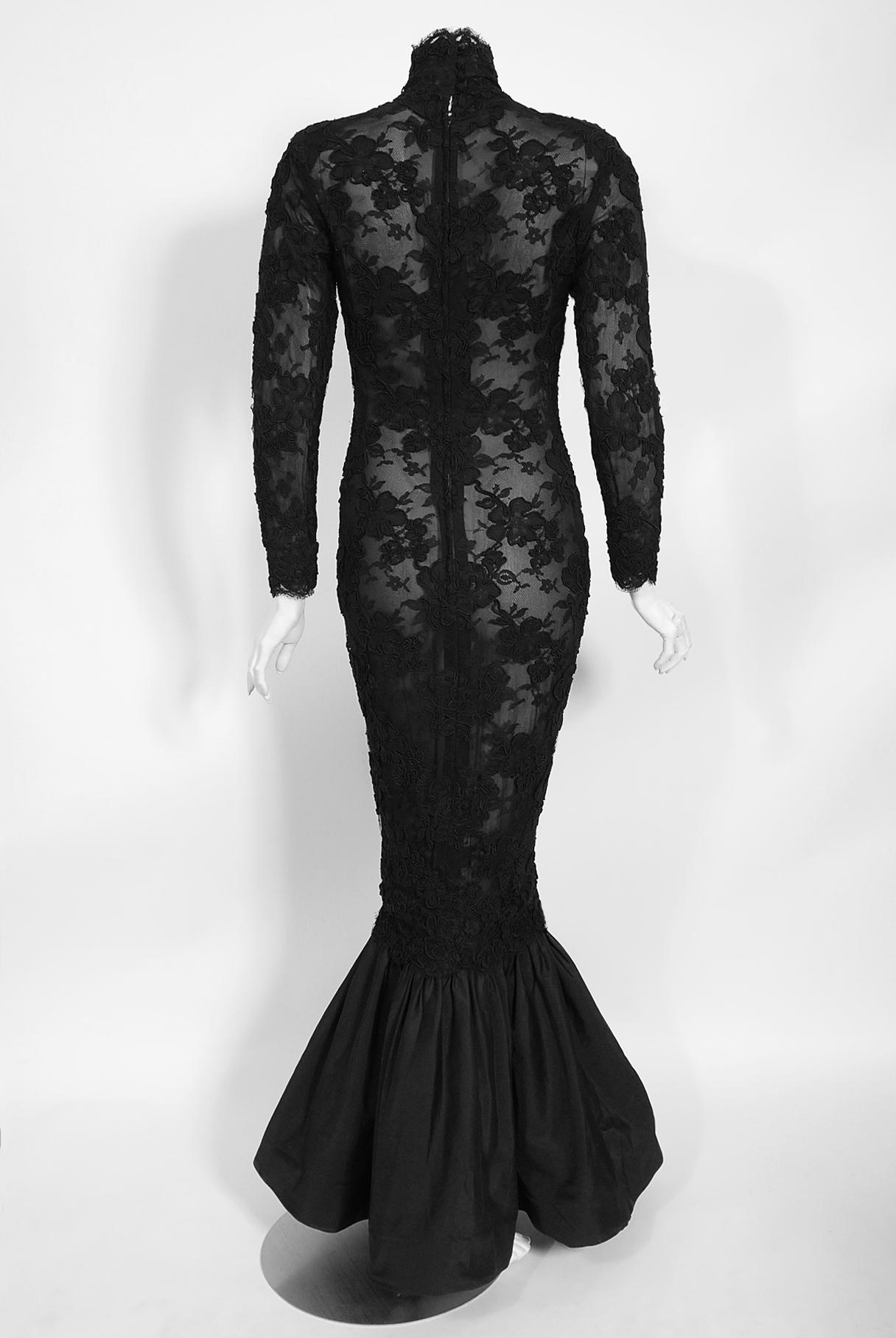 Vintage 1987 Calvin Klein Documented Sheer Black Lace Hourglass Mermaid Gown 6