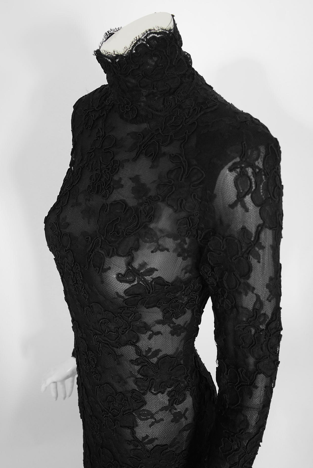 Women's Vintage 1987 Calvin Klein Documented Sheer Black Lace Hourglass Mermaid Gown