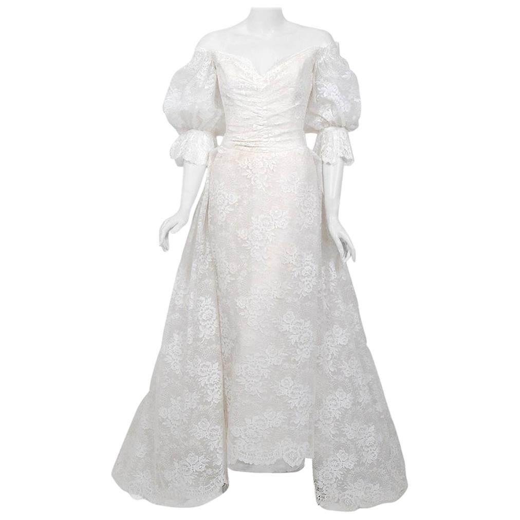 Vintage 1987 Christian Dior Haute Couture White Lace Off-Shoulder Bridal Gown