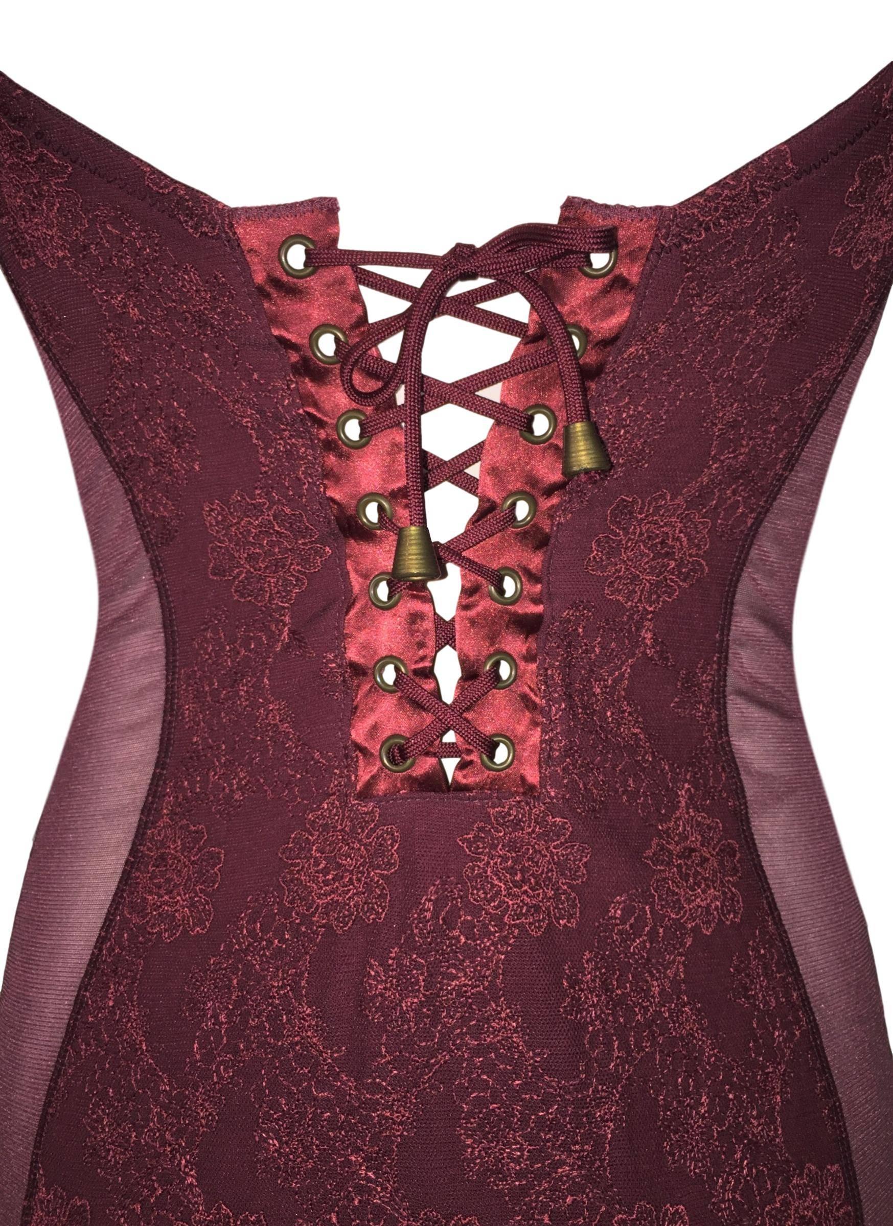 1990's Jean Paul Gaultier Burgundy Sheer Lace Cone Bra Corset Mini Dress In Excellent Condition In Yukon, OK