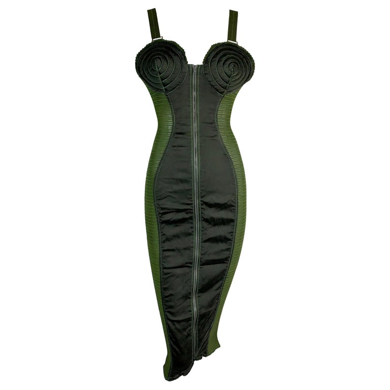 Vintage 1987 Jean Paul Gaultier Green Sheer Bandage Cone Bra Wiggle Dress