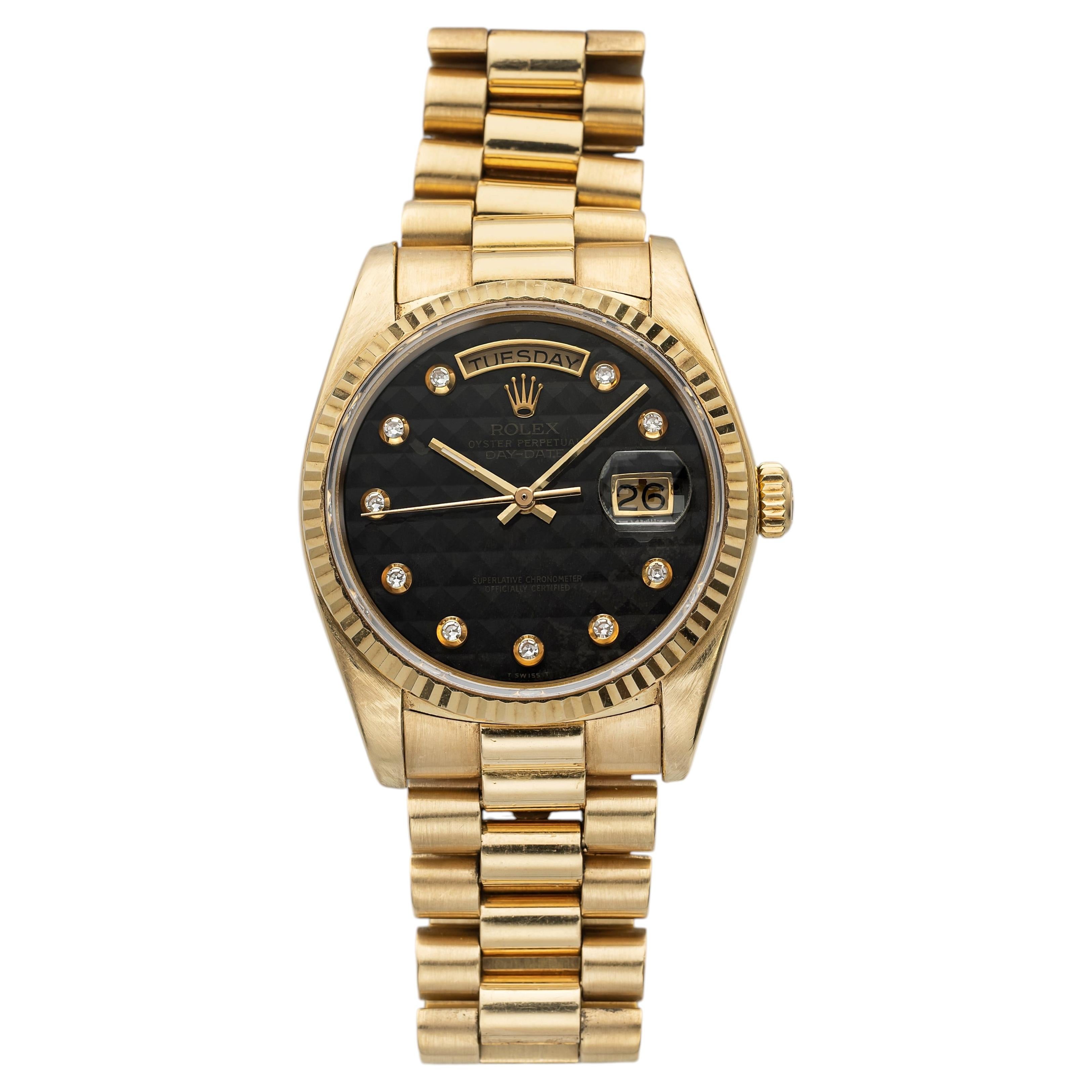 Vintage 1987 Rolex Day Date 18038 18K YG Onyx Pyramid Diamond Dial Auto 36mm For Sale