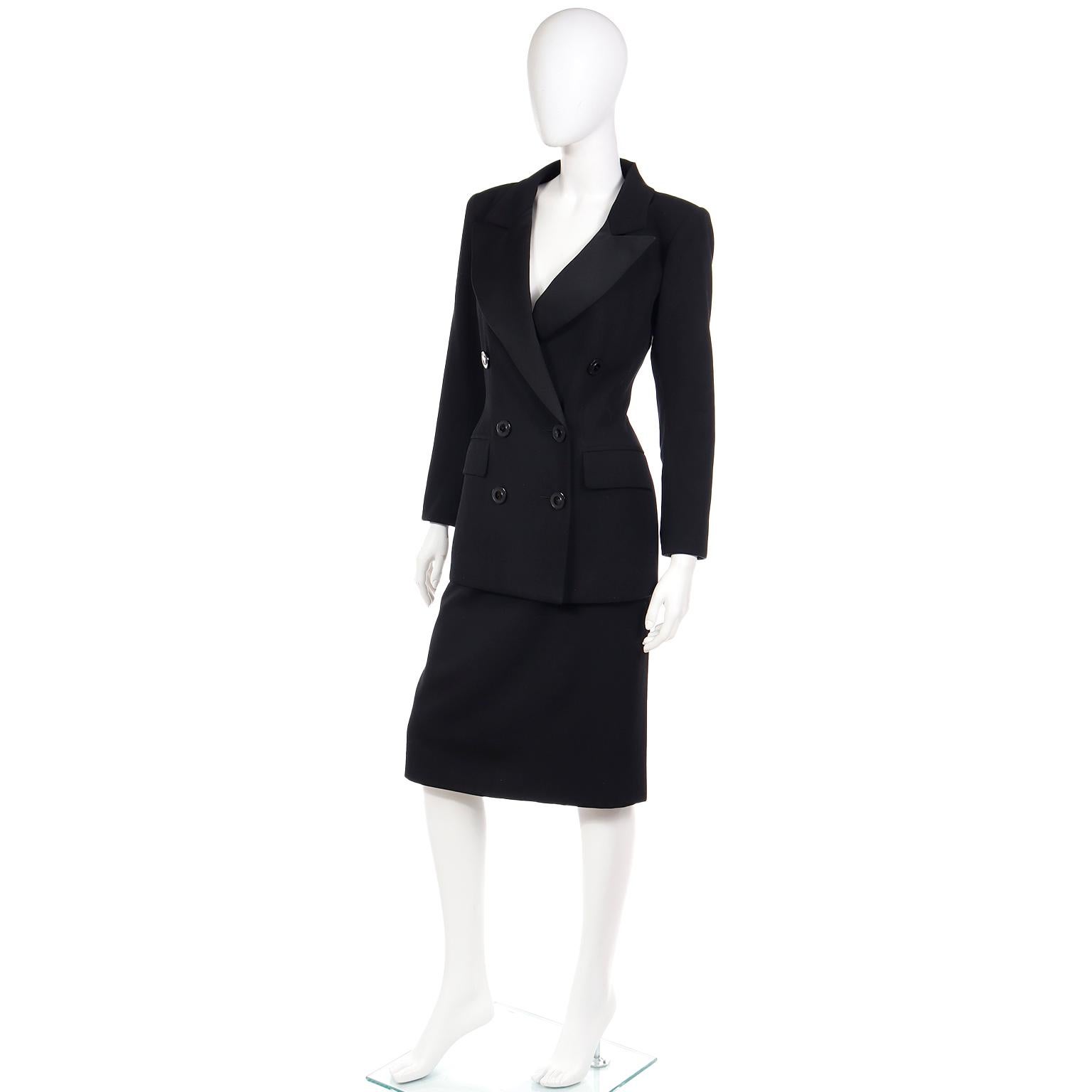 Vintage 1987 S/S Yves Saint Laurent 2 Pc Black Wool Skirt & Jacket Suit In Excellent Condition For Sale In Portland, OR