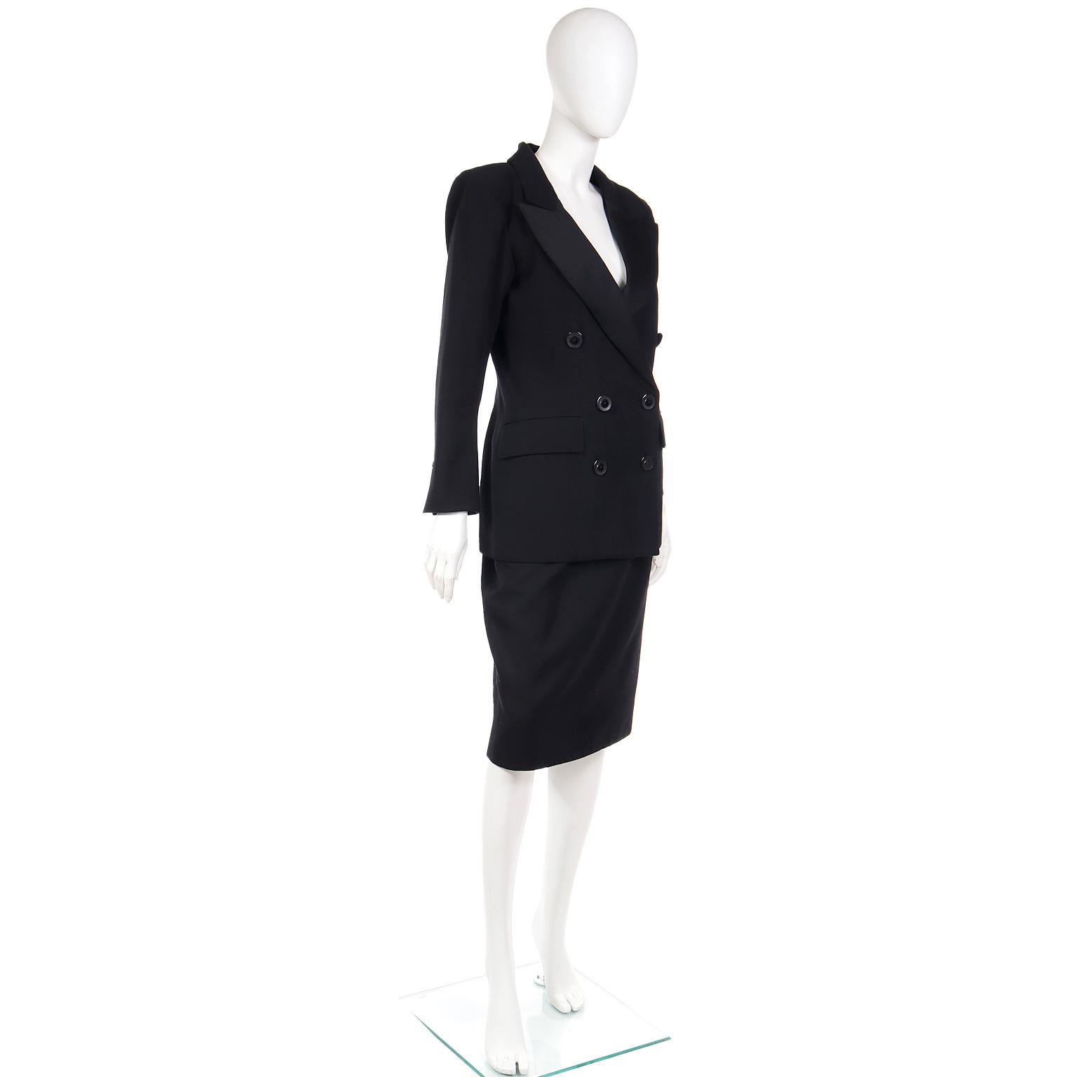 Vintage 1987 S/S Yves Saint Laurent 2 Pc Black Wool Skirt & Jacket Suit For Sale 1
