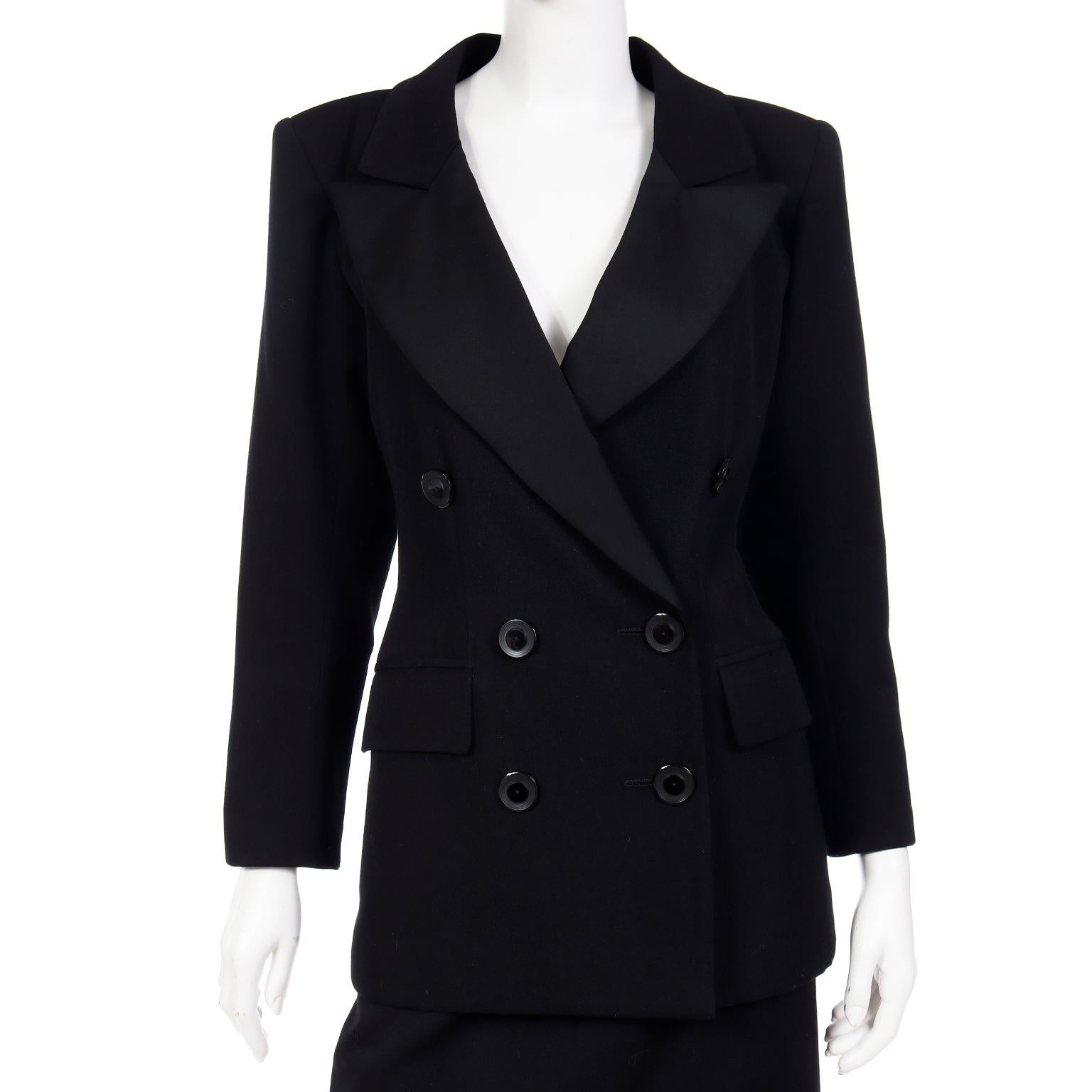 Vintage 1987 S/S Yves Saint Laurent 2 Pc Black Wool Skirt & Jacket Suit For Sale 2