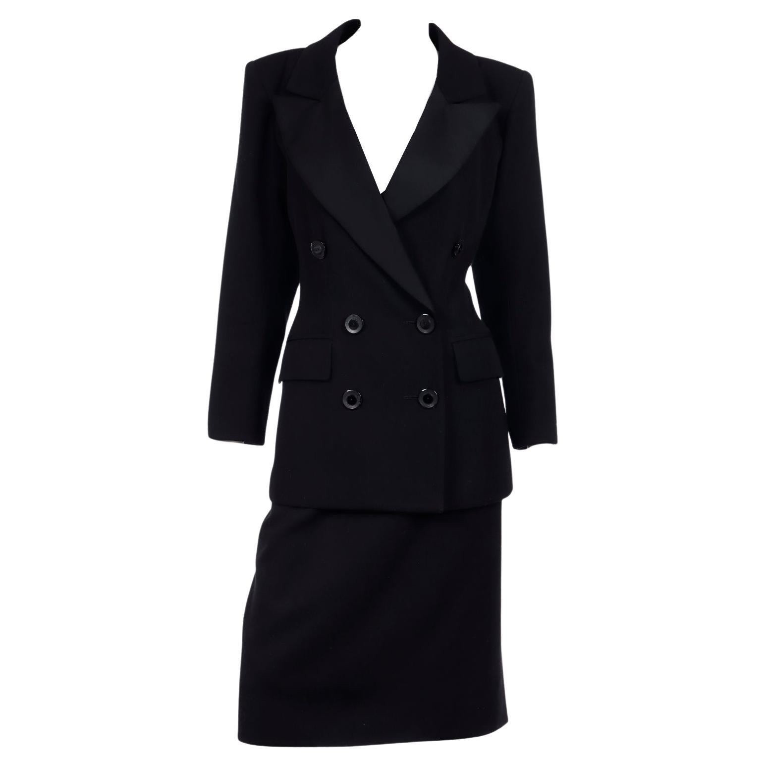 Vintage 1987 S/S Yves Saint Laurent 2 Pc Black Wool Skirt & Jacket Suit For Sale