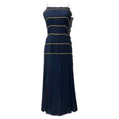 VINTAGE 1988 CHANEL PLEATED NAVY BLUE SILK DRESS Sz M