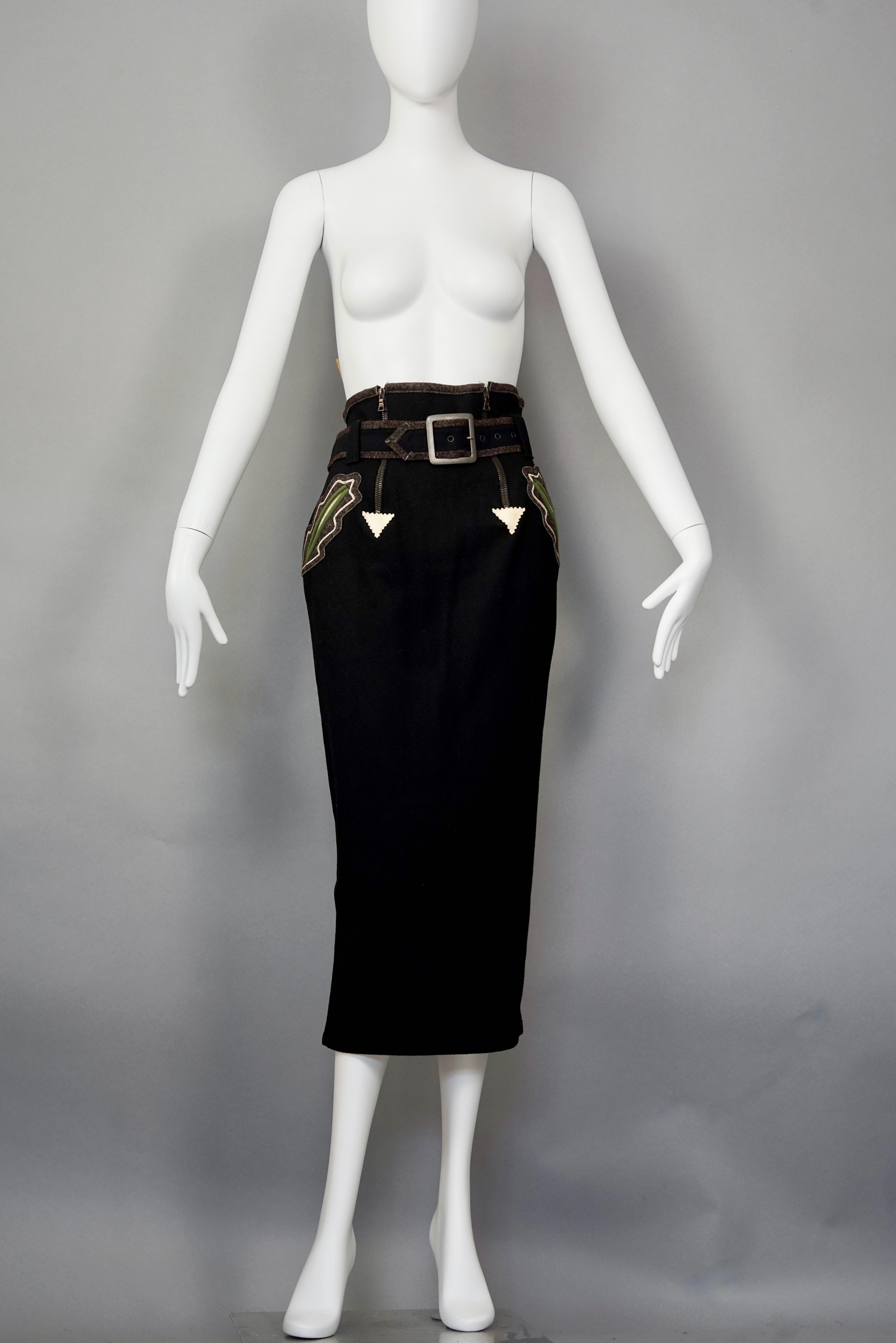 Vintage 1988 JEAN PAUL GAULTIER High Waist Belted Skirt

Measurements taken laid flat, please double waist and hips:
Waist: 14.56 inches (37 cm)
Hips: 18.50 inches (47 cm)
Length: 34.25 inches (87 cm)

Features:
- 100% Authentic JEAN PAUL