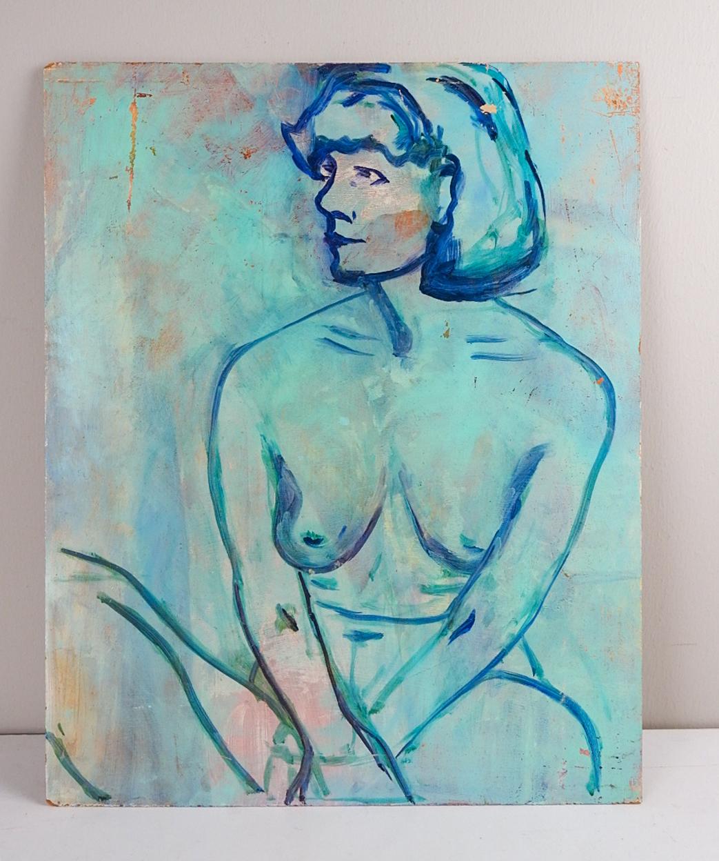 Moderne Peinture de portrait vintage d'une femme nue en bleu 1988 en vente