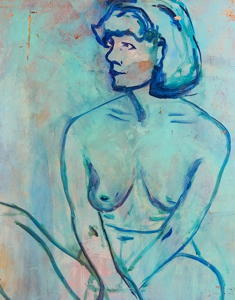 American Vintage 1988 Nude Woman in Blue Portrait Painting For Sale