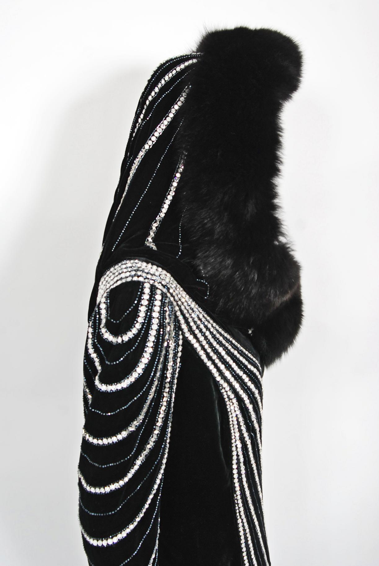 Vintage 1989 Bob Mackie Couture Beaded Velvet and Fox-Fur Hooded Hourglass Gown 9