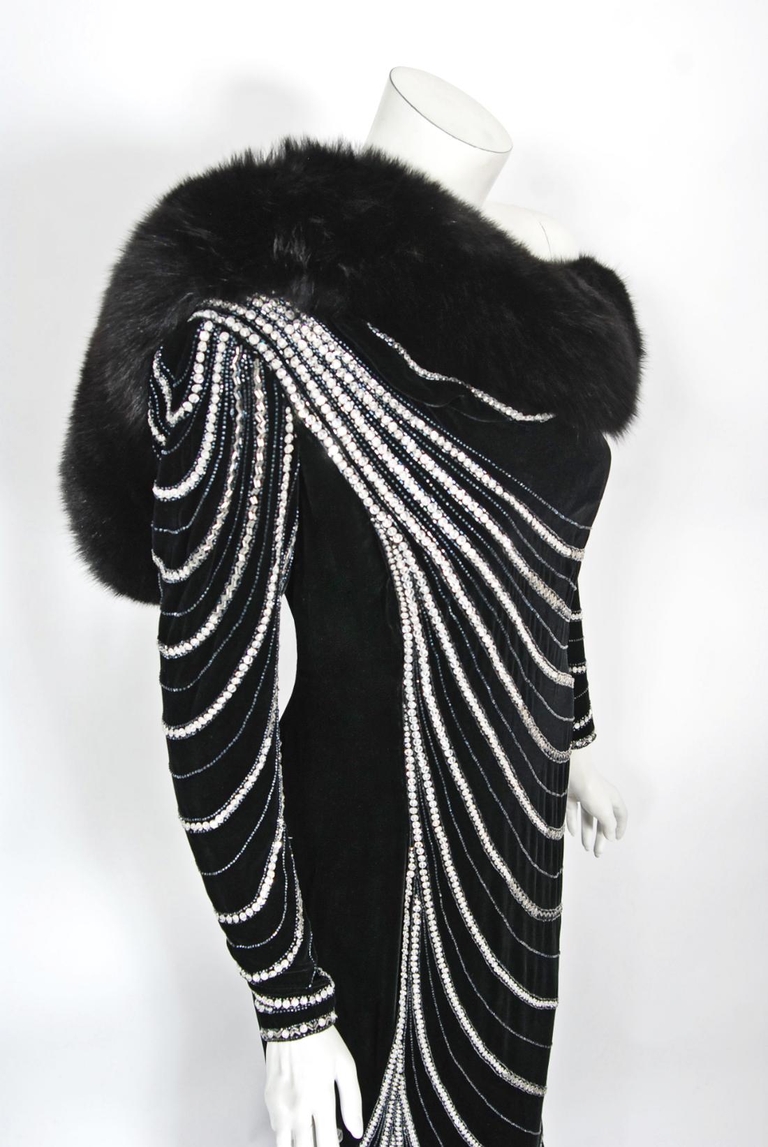 Vintage 1989 Bob Mackie Couture Beaded Velvet and Fox-Fur Hooded Hourglass Gown 10
