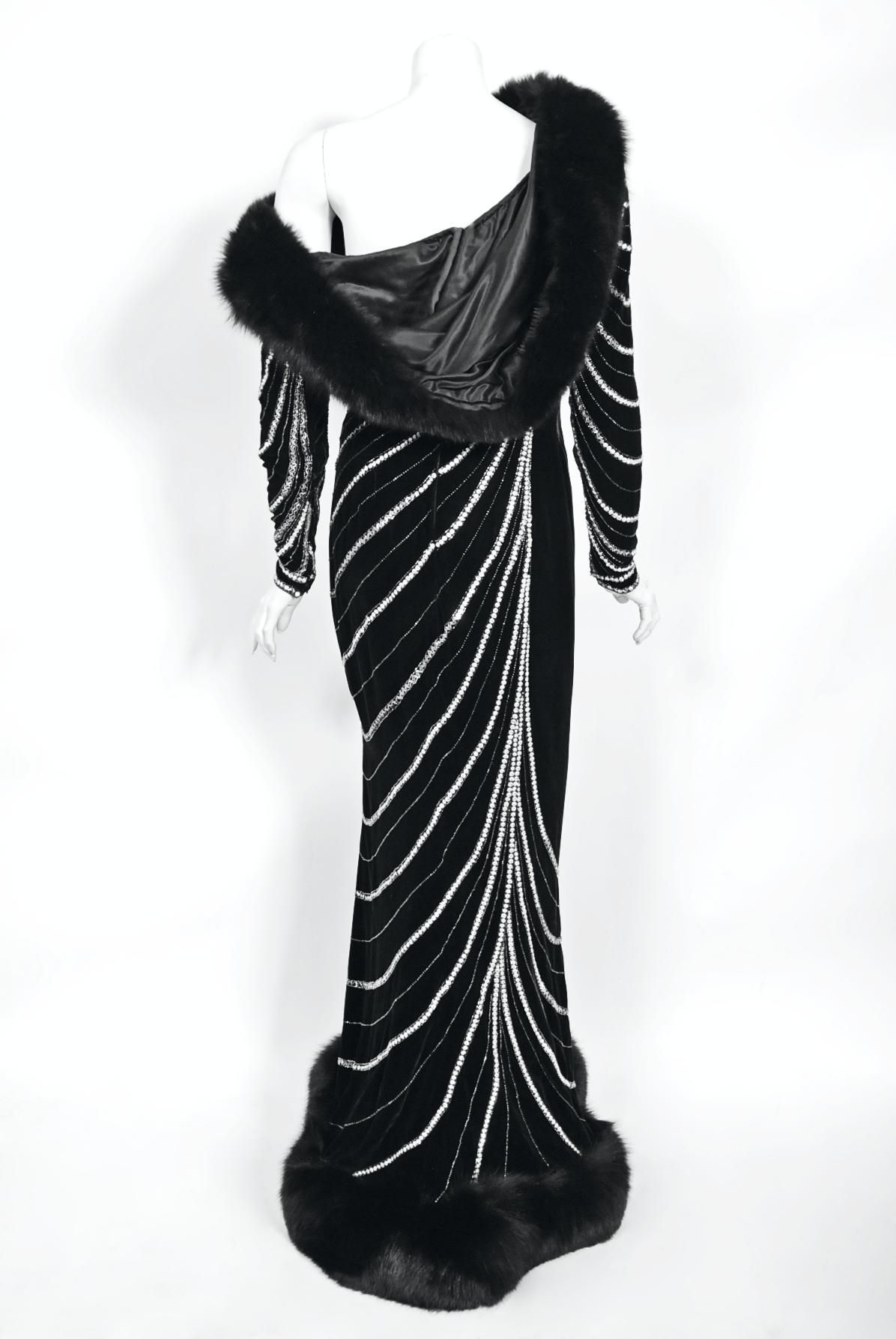 Vintage 1989 Bob Mackie Couture Beaded Velvet and Fox-Fur Hooded Hourglass Gown 11