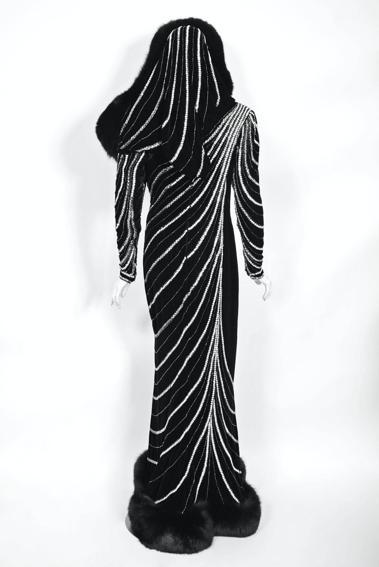 Vintage 1989 Bob Mackie Couture Beaded Velvet and Fox-Fur Hooded Hourglass Gown 12