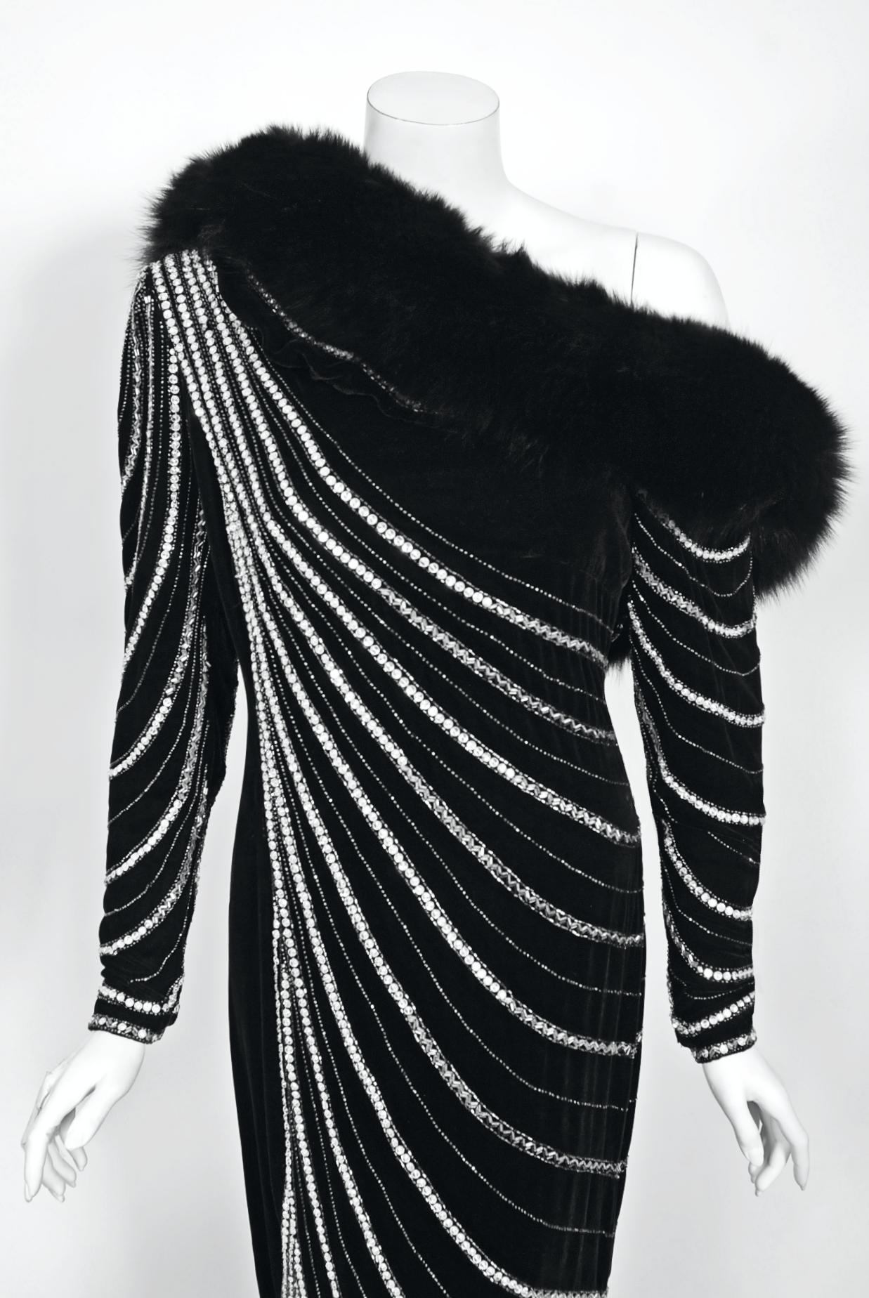Vintage 1989 Bob Mackie Couture Beaded Velvet and Fox-Fur Hooded Hourglass Gown 3