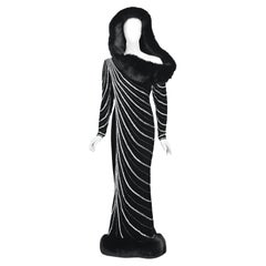 Vintage 1989 Bob Mackie Couture Beaded Velvet and Fox-Fur Hooded Hourglass Gown