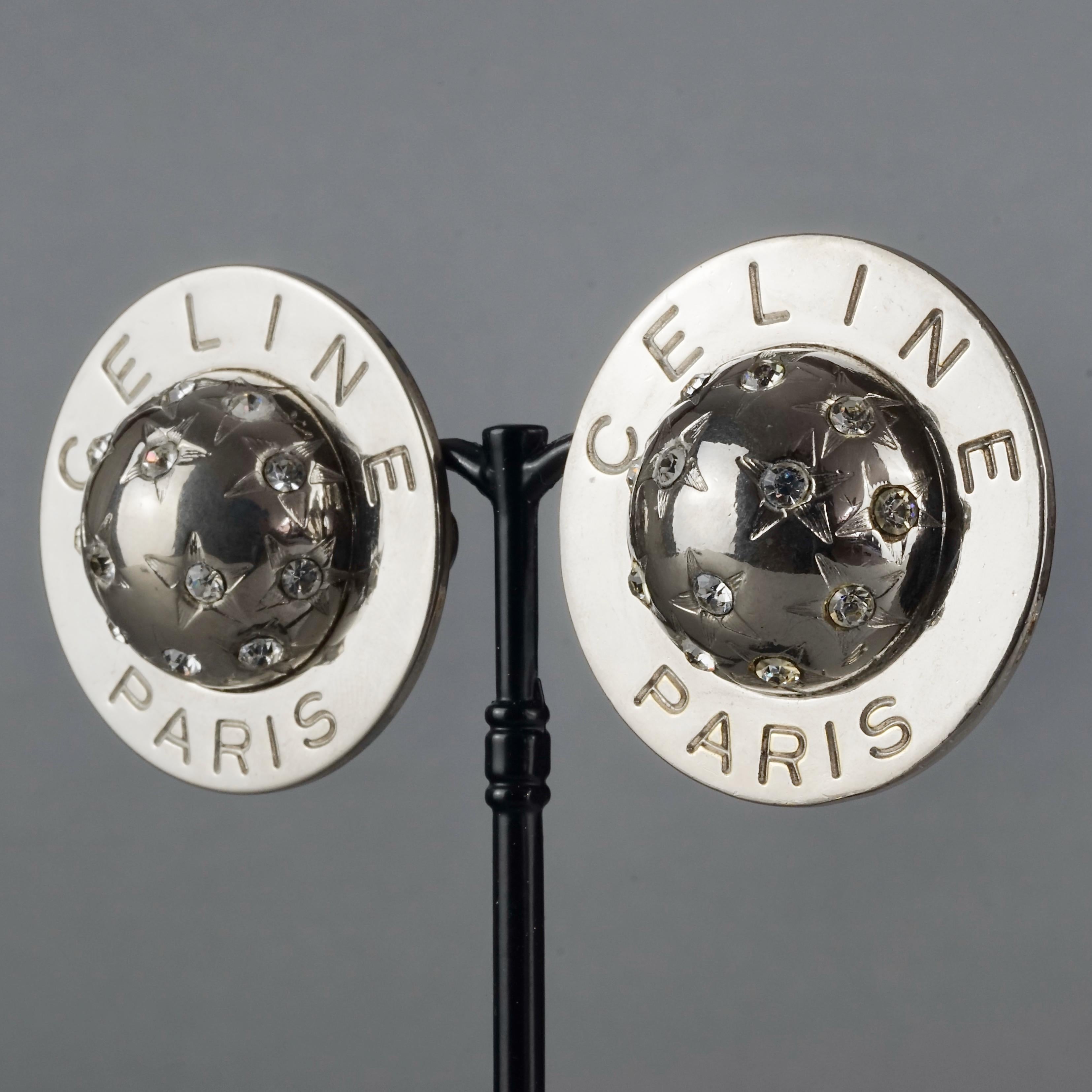 Vintage 1989 CELINE PARIS Rhinestone Planet Sphere Earrings In Good Condition For Sale In Kingersheim, Alsace