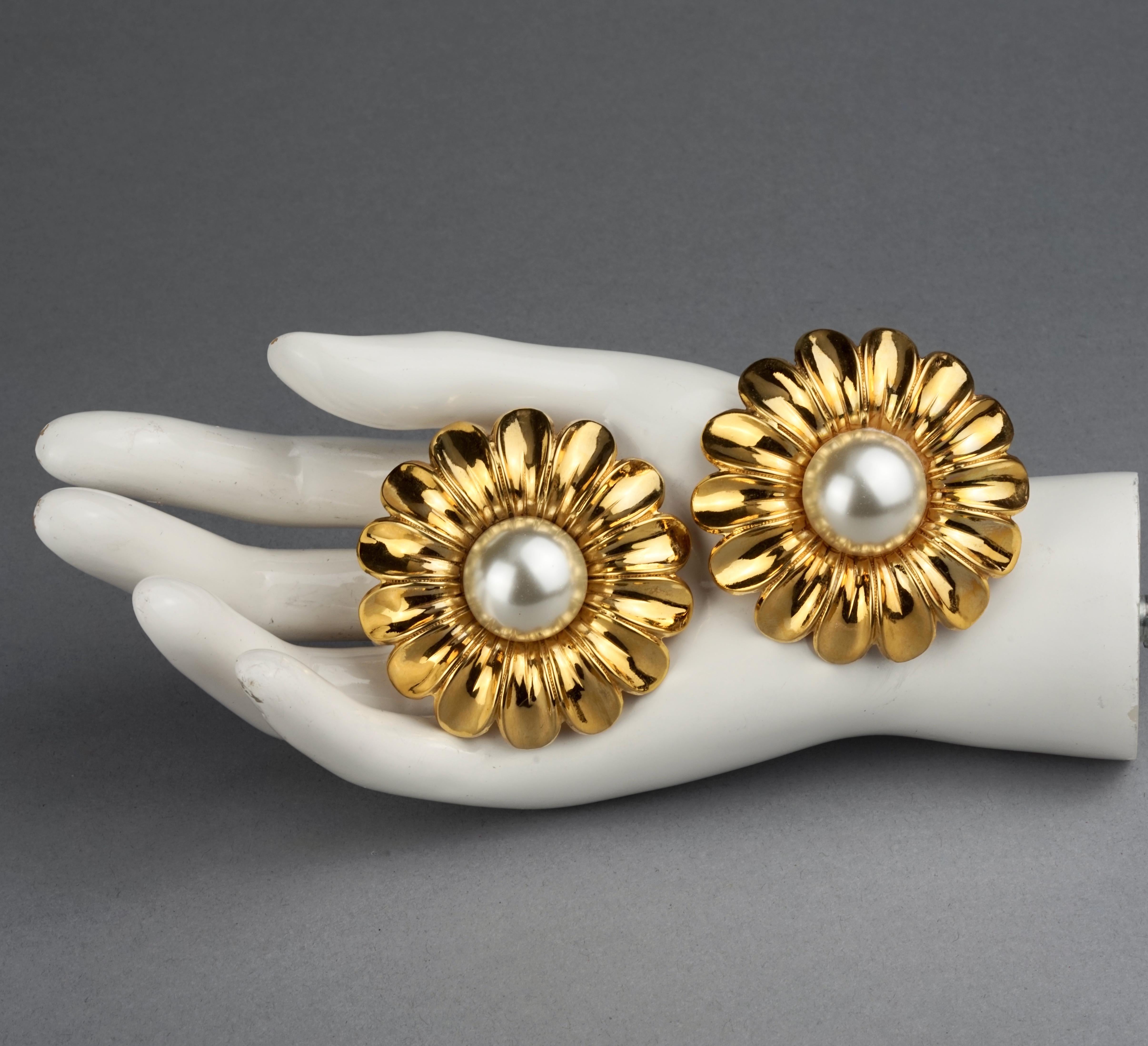 Vintage 1989 CHANEL Massive Flower Pearl Earrings For Sale 3