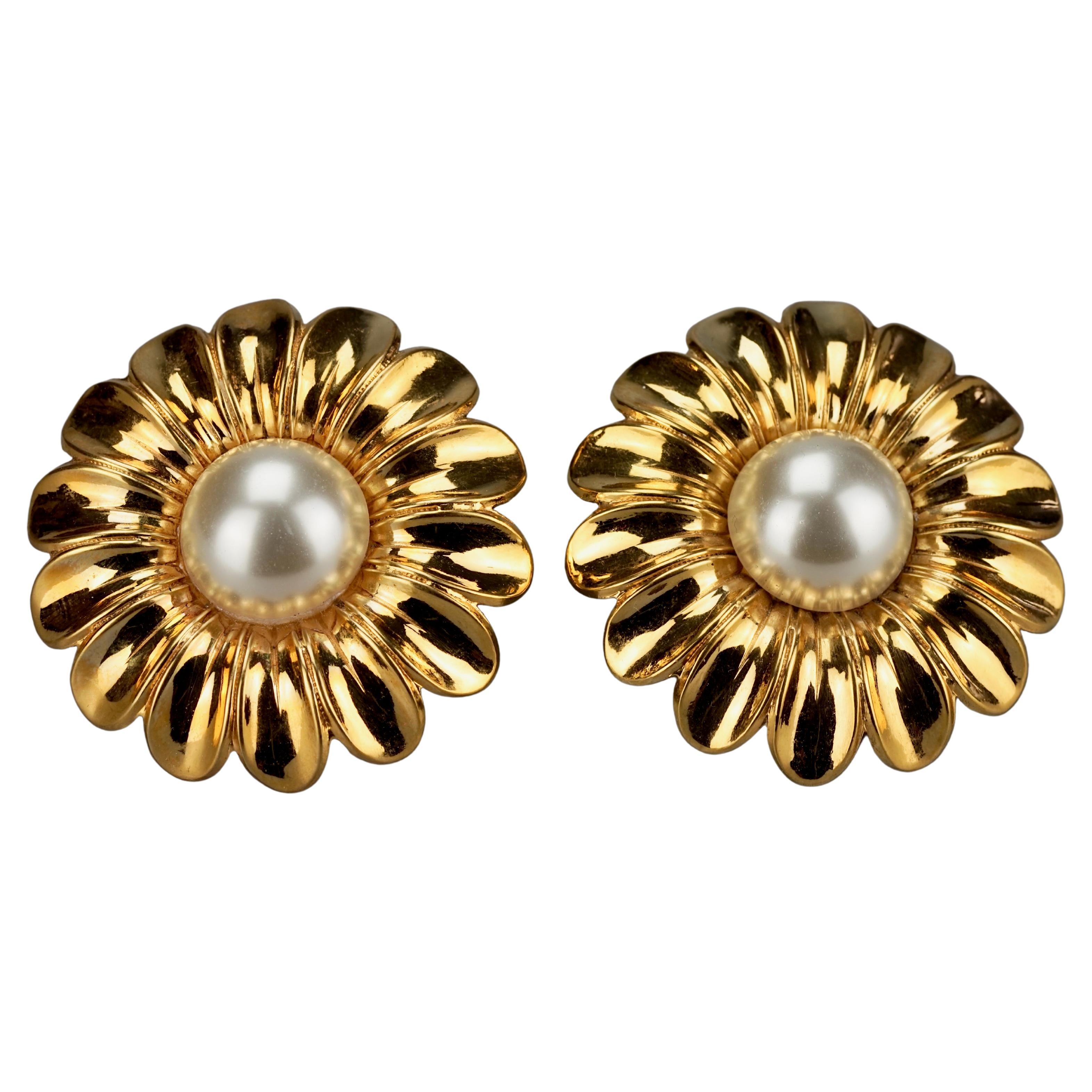 Vintage 1989 CHANEL Massive Flower Pearl Earrings For Sale