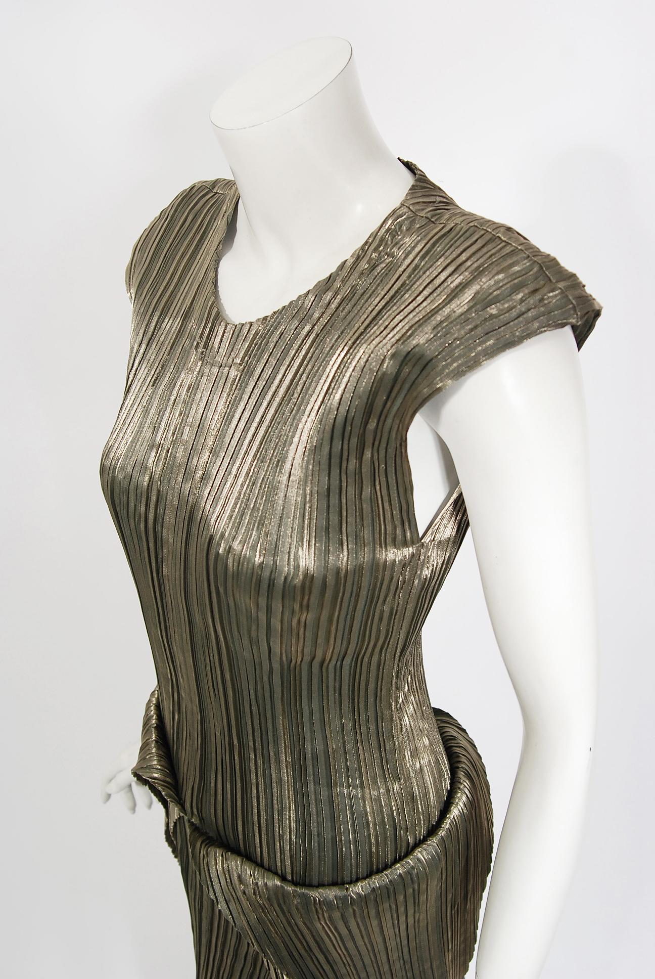 Gray Vintage 1989 Issey Miyake Documented Metallic Gold Pleated Origami Tails Dress