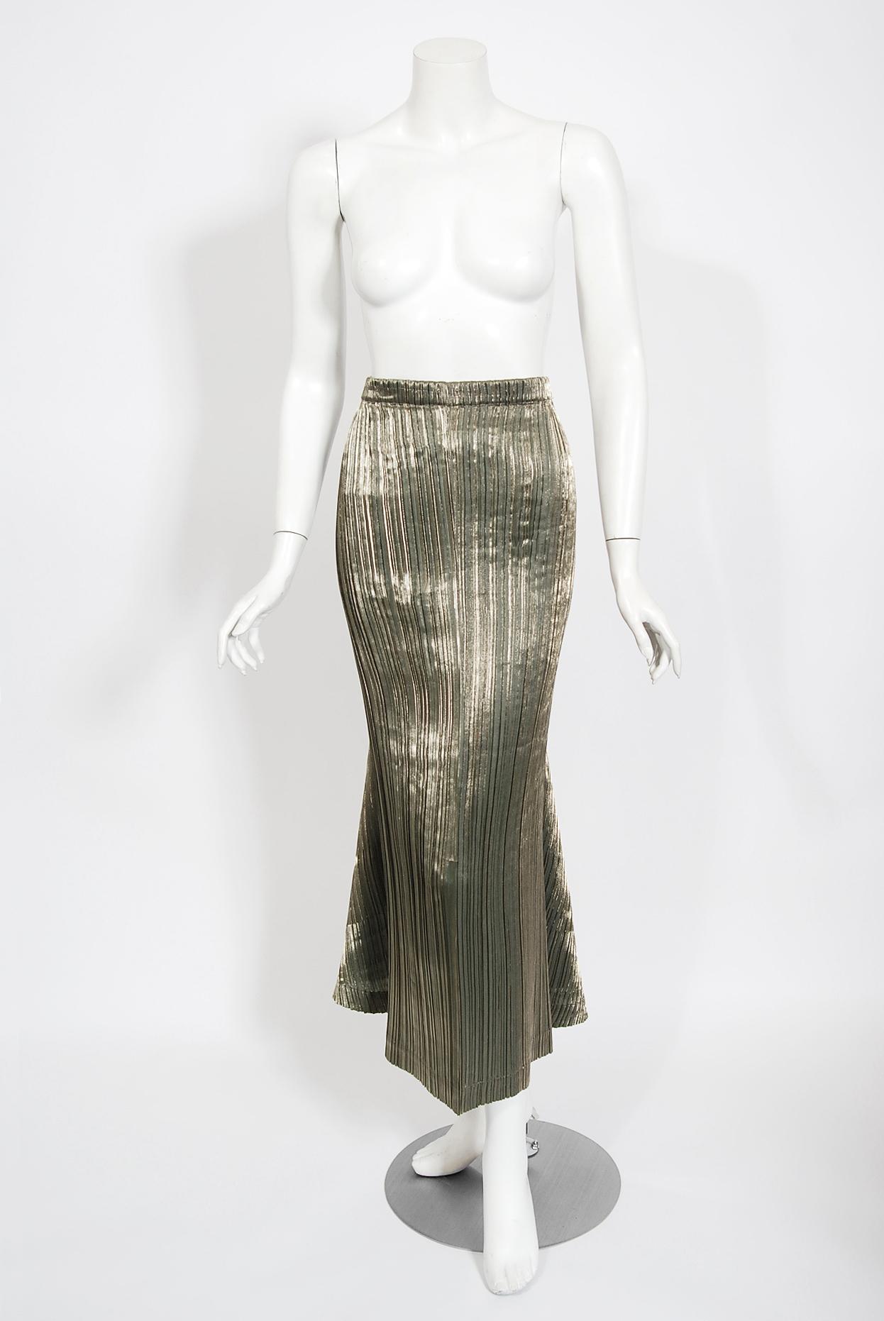 Women's Vintage 1989 Issey Miyake Documented Metallic Gold Pleated Origami Tails Dress