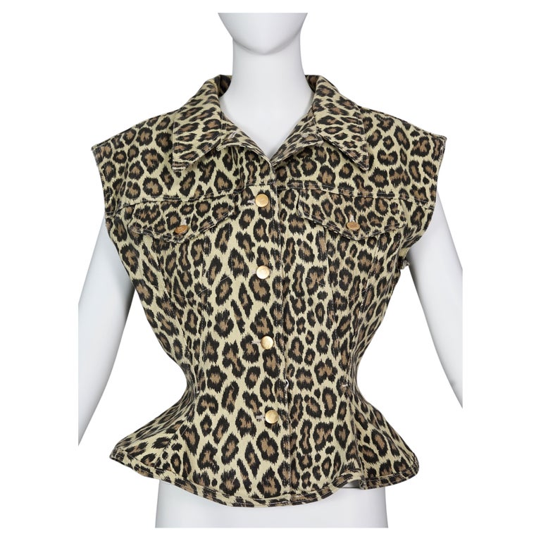 Vintage 1989 JEAN PAUL GAULTIER Leopard Print Corset Flare Vest Jacket For Sale