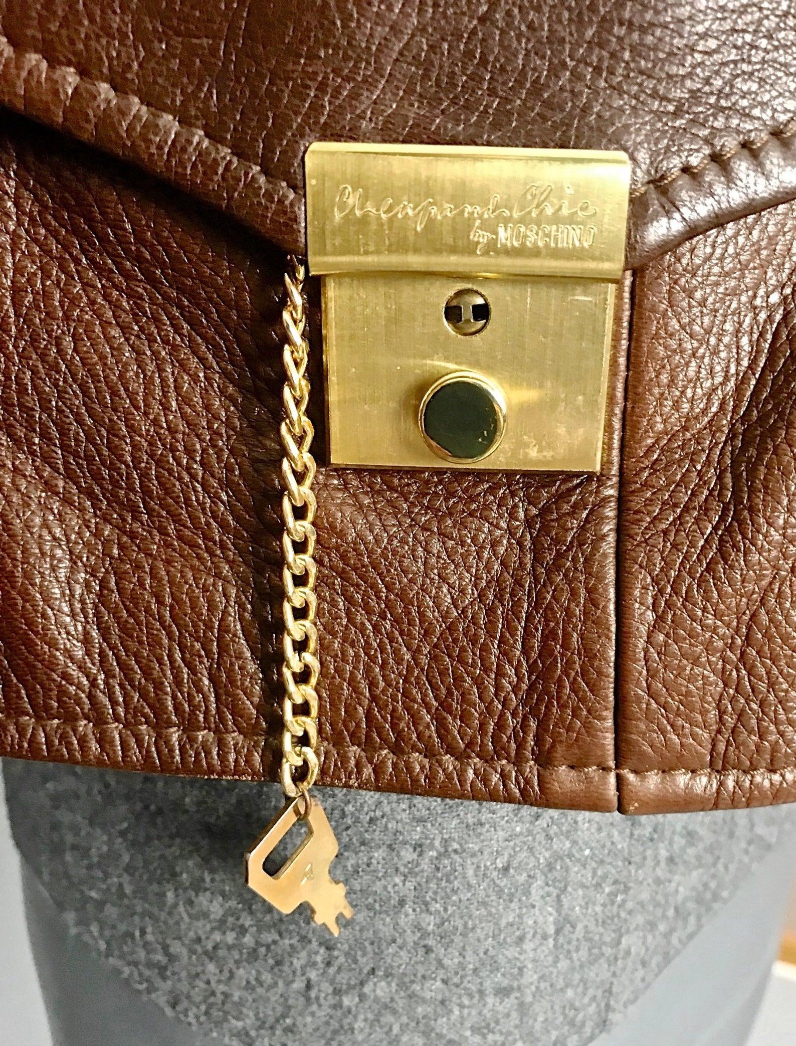 Women's or Men's Vintage 1989 MOSCHINO CHEAP and CHIC Lock Key Brown Leather Cropped Jacket For Sale
