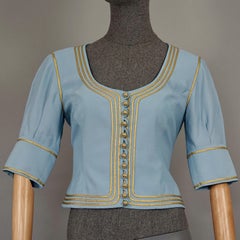 Vintage 1989 MOSCHINO COUTURE "Cruise Me Baby" Gold Piping Blue Blazer Jacket