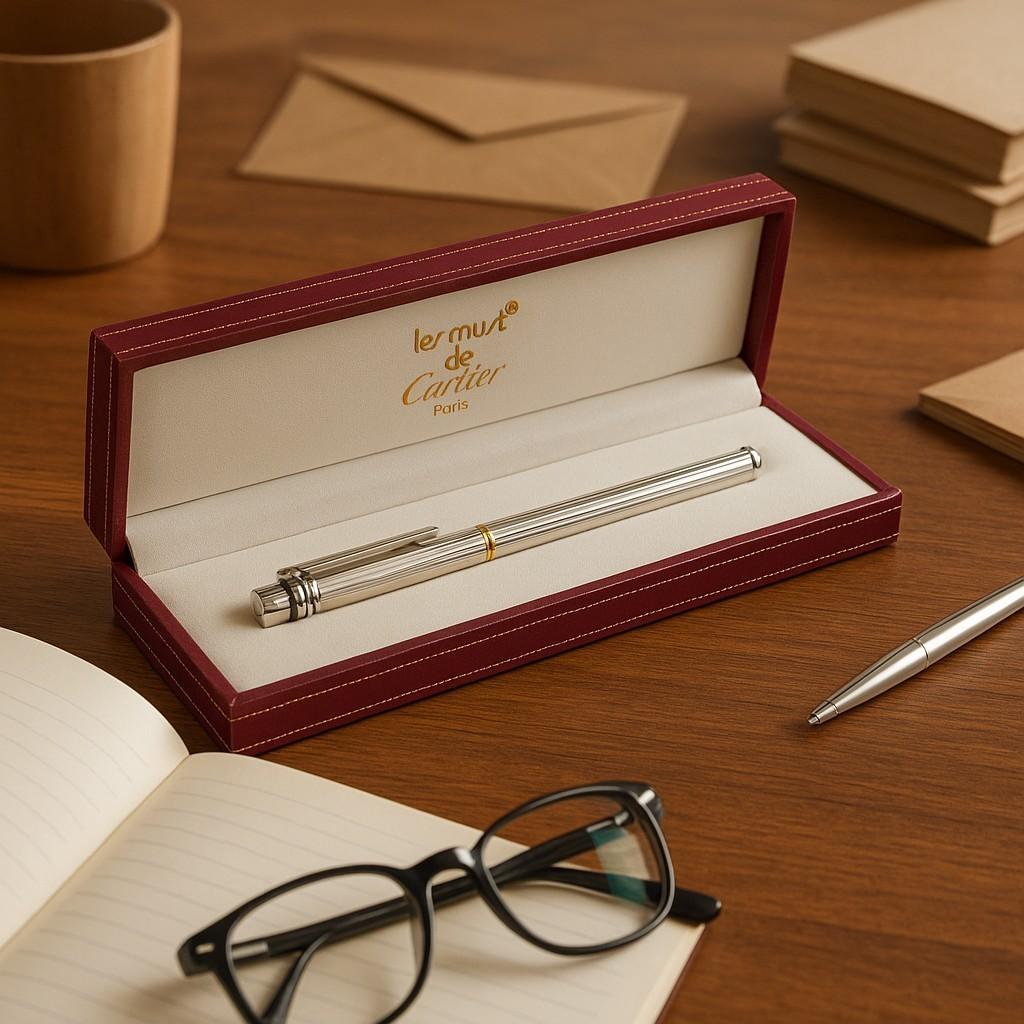 This vintage Must de Cartier ballpoint pen exudes timeless sophistication with its sleek and refined design. Crafted with a silver-plated finish accented by yellow gold tips, it epitomizes understated elegance. With dimensions measuring L 5 3/8