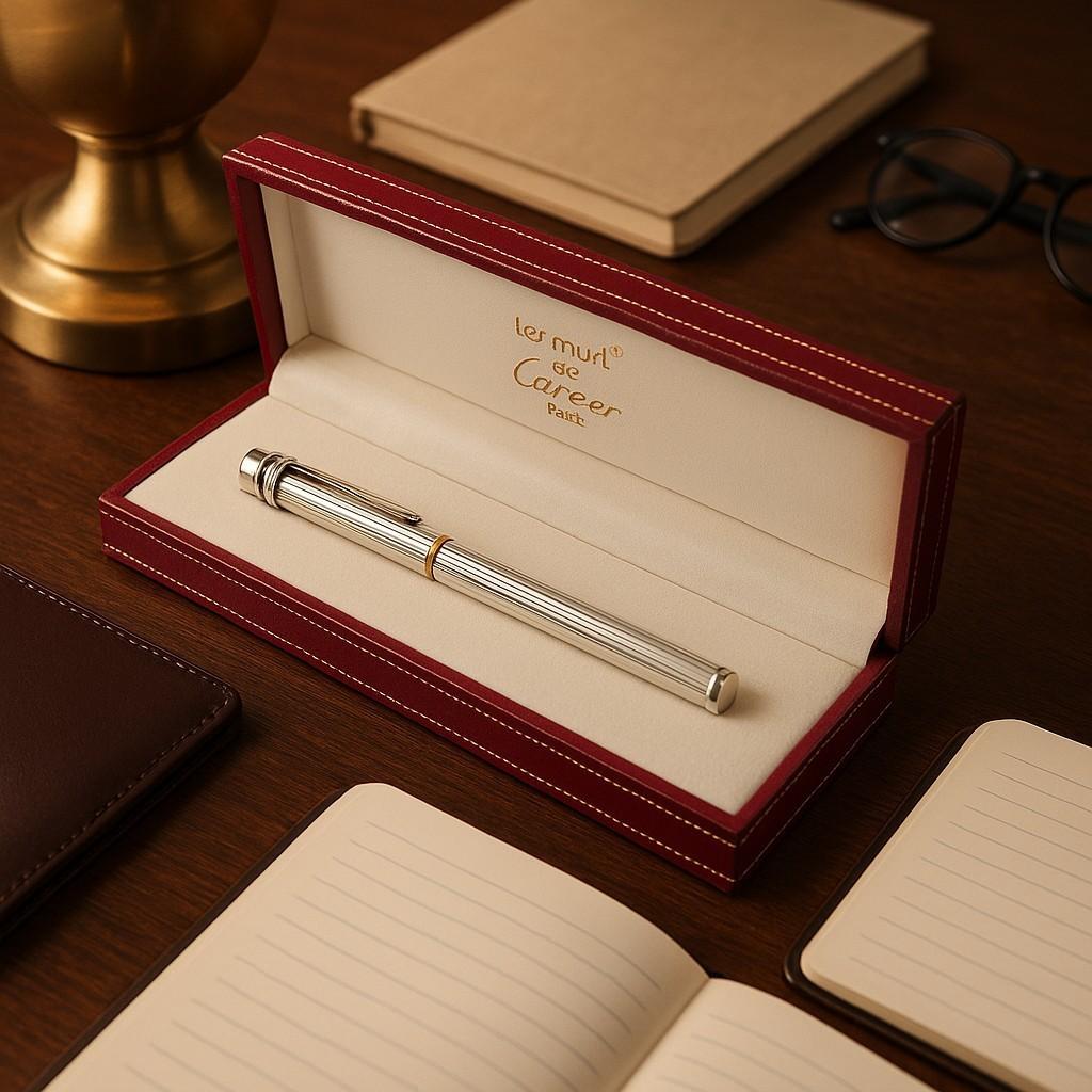 Women's or Men's Vintage 1989 Must De Cartier Silver Plated  Yellow Gold Tip Ballpoint Pen 916988 For Sale
