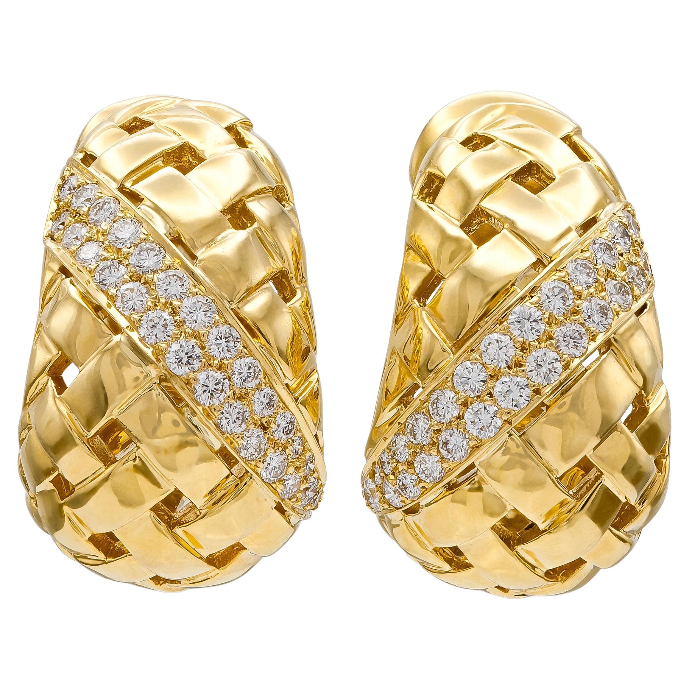 Vintage 1989 Tiffany & Co. Gold Woven Earrings with Diamonds For Sale