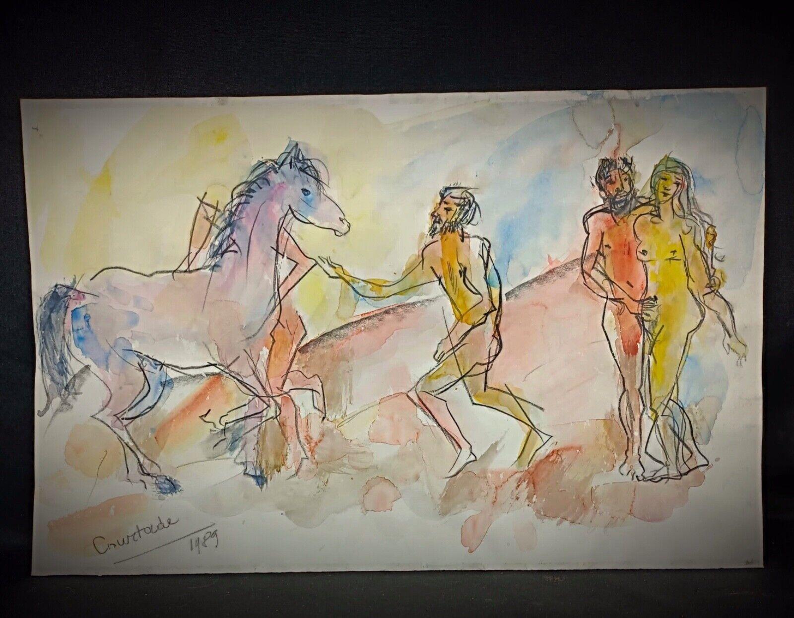 Vintage 1989 Watercolor Drawing by Jacques Courtade, 