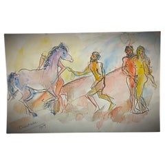 Vintage 1989 Watercolor Drawing by Jacques Courtade, "Nude, Horse" - 2Y166