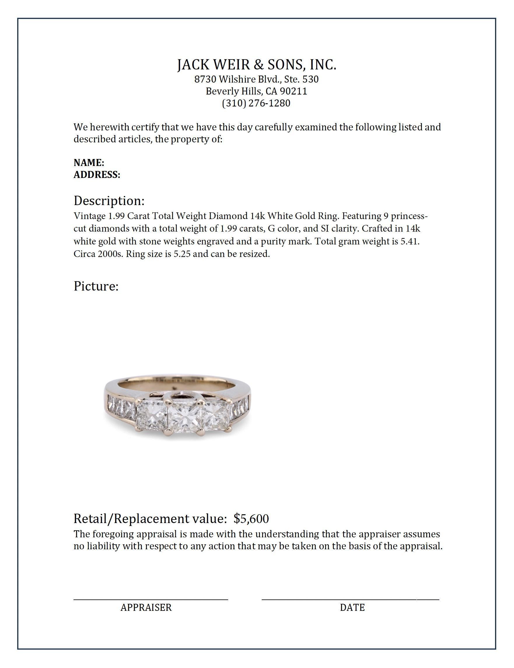 Vintage 1,99 Karat Gesamtgewicht Diamant 14k Weißgold Ring im Zustand „Hervorragend“ im Angebot in Beverly Hills, CA